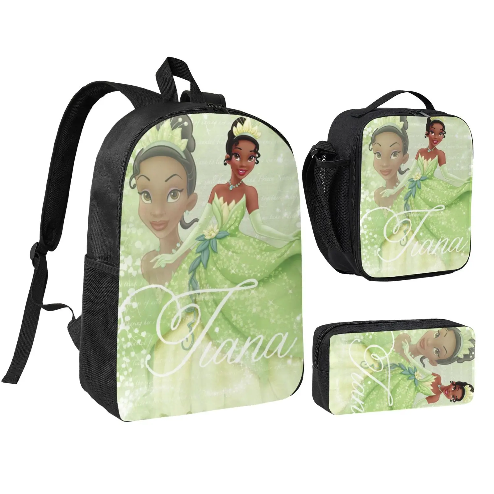 Anime Tiana1 Kids 3Pcs Multipurpose Teen Backpack Set with Adjustable Shoulder Straps, School Bookbag, Insulated Lunch Box & Pencil Bag for Boys Girls Daily School Travel Office