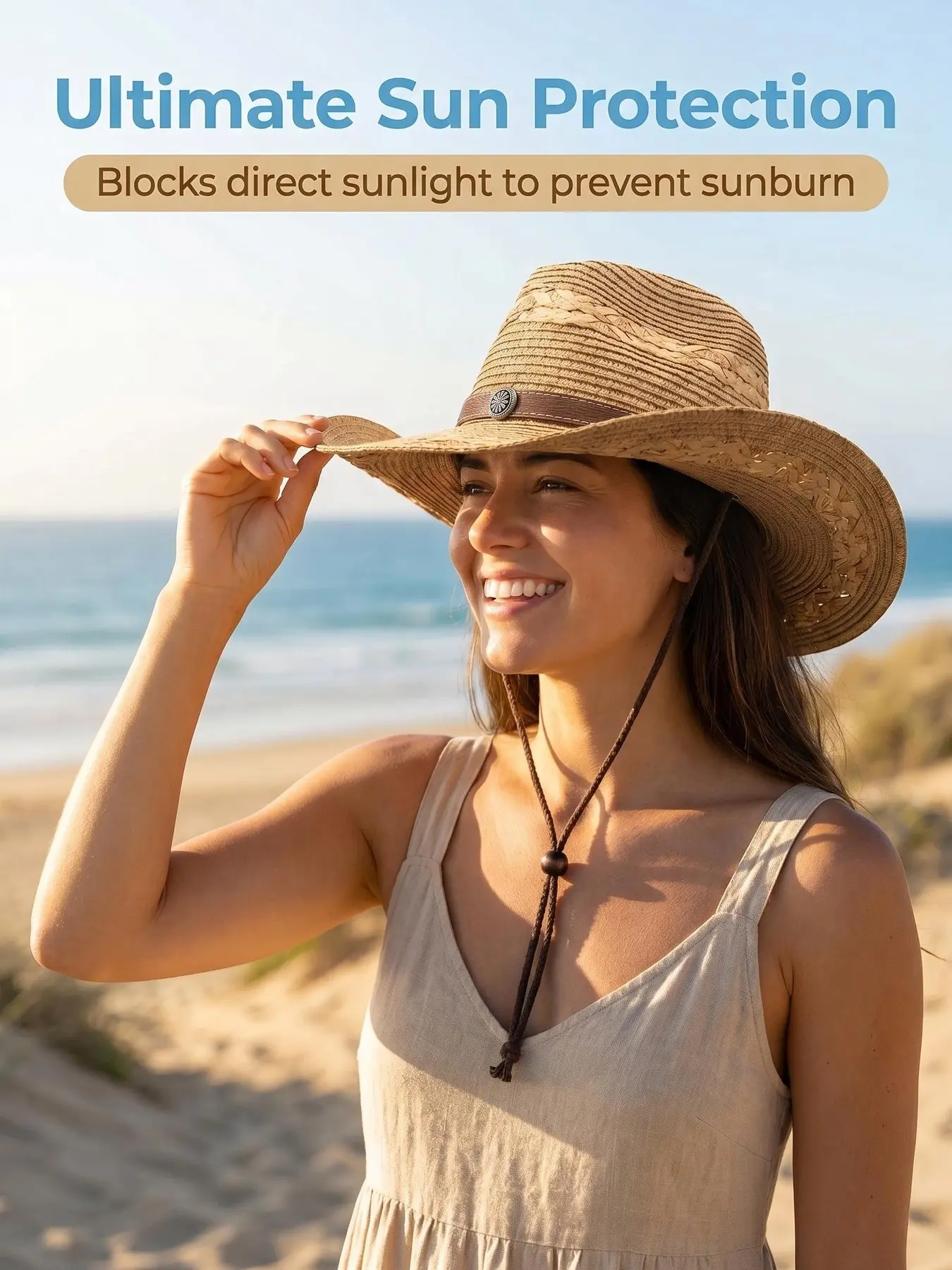 Women Men Wide Brim Straw Cowboy Cowgirl Hat, Vintage Woven Western Sun Hat with Windproof Chin Strap, Breathable Packable Beach Fedora Hat for Outdoor Travel Camping