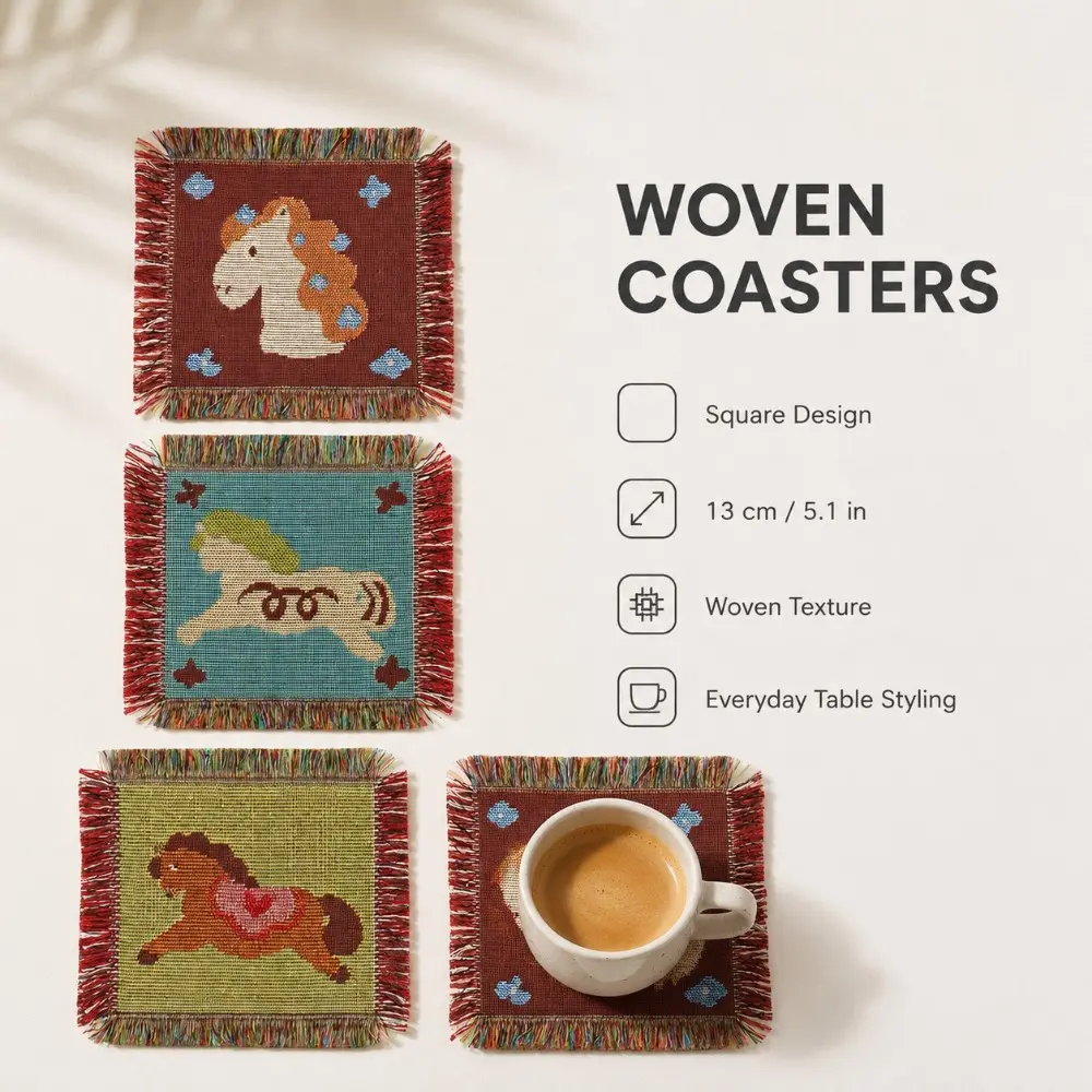 Retro Carousel Horse Themed Woven Coaster, Vintage Fringe Square Mat With Cute Pony Pattern, Non-print Textured Fabric, Lightweight Portable Decorative Pad For Home Use, Coffee Bar, And As A Cute Small Gift