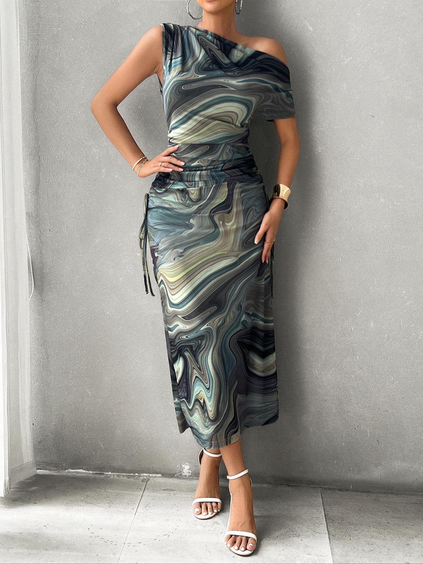 Women's Marble Print Asymmetrical Tie Side Dress, Casual Fashion Dress for Daily Outdoor Wear, Ladies Clothes for All Seasons