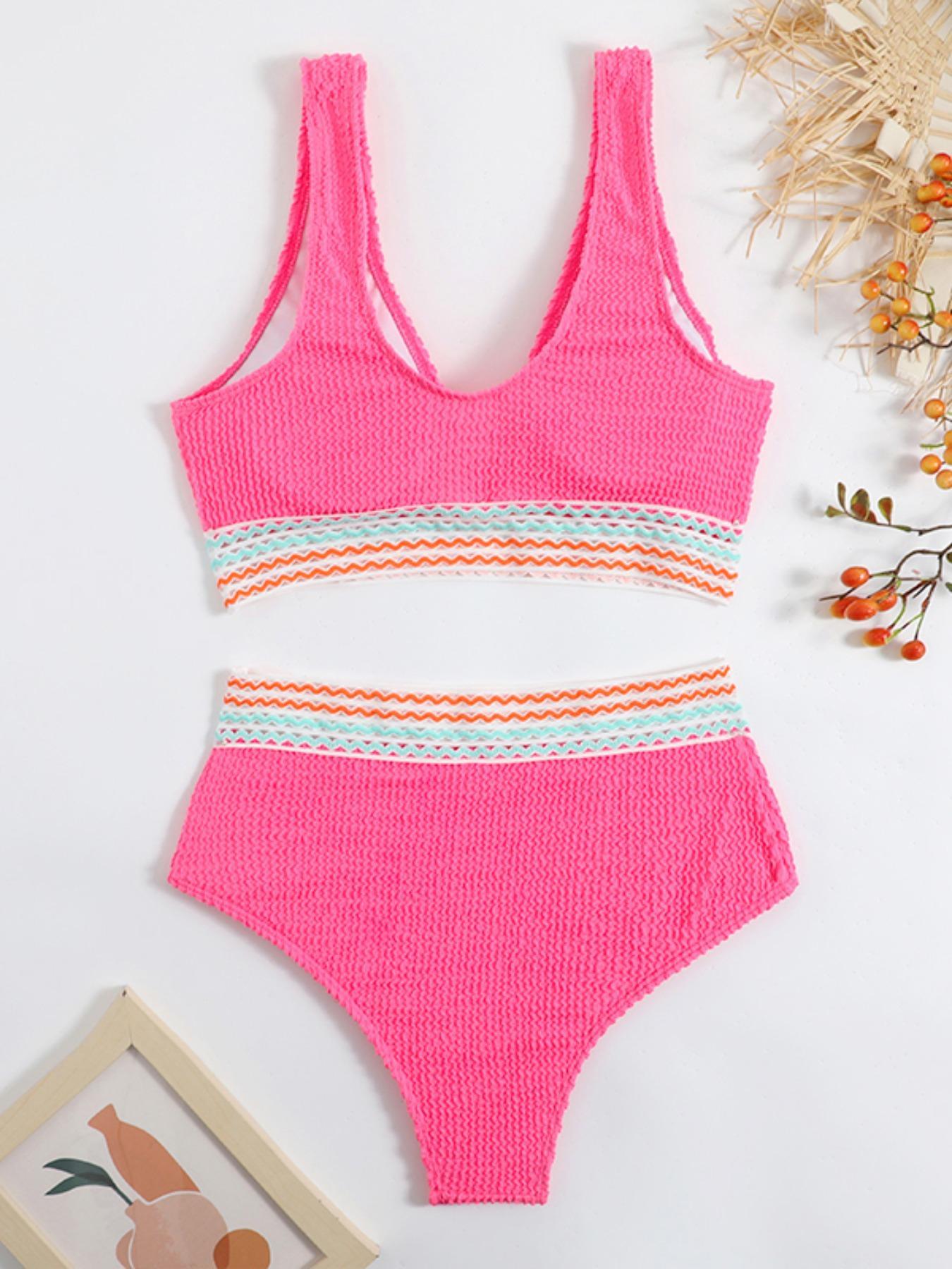 Two-Piece Set Women's Striped Tape Textured Hollow Out Bikinis, Casual Sleeveless V Neck High Waist Swimwear, Lady Bathing Suits Set, Women's Swimsuit, Bikinis Sets, Swimsuit Style Bikini