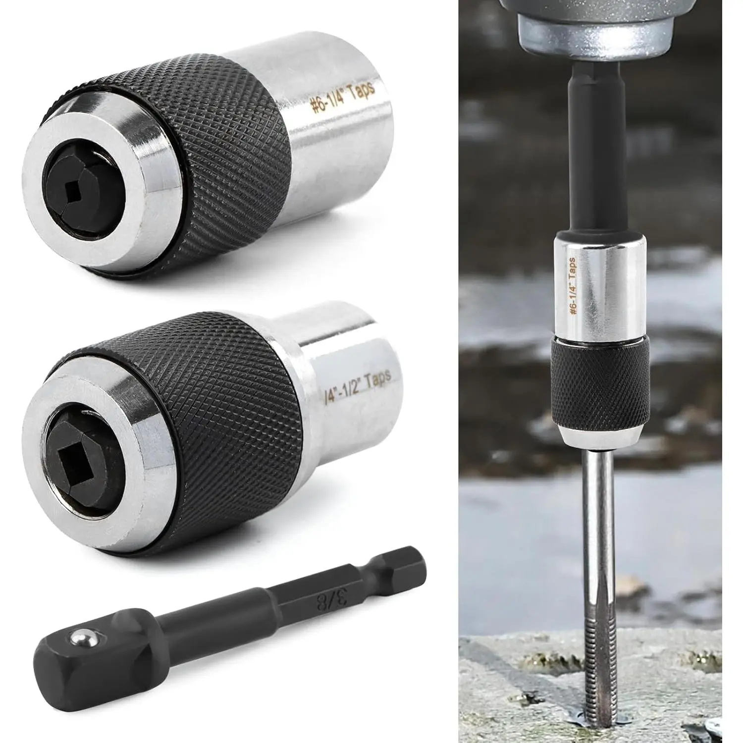 GJANSH 3pc Adjustable Tap Socket Set with 3/8" Square Drive Adapter, Fits #6 to 1/2" (M3-M12) Taps & Screw Extractors, Heavy-Duty Cr-Mo Steel for Power Drills & Ratchets