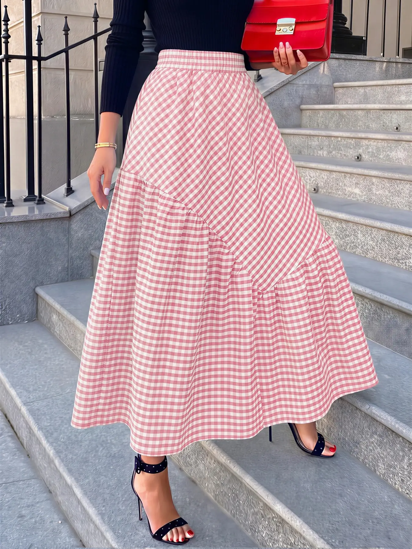 ZANZEA Women's Casual Loose-Fitting Plaid Patchwork Print Asymmetrical Hem Long Skirt - Elastic Waist, No Pockets, All Seasons Womenswear Bottom, Fashionable Comfortable Daily Wear Skirt, Casual Comfy Skirt