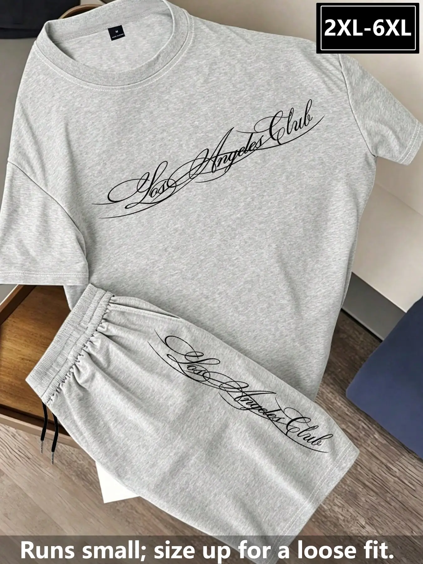 Plus Size Men's Los Angeles Print Two-Piece Set, Loose Fit Comfortable Streetwear, Daily Wear Commute, Sizes 2xl-6xl, Order One Size Up