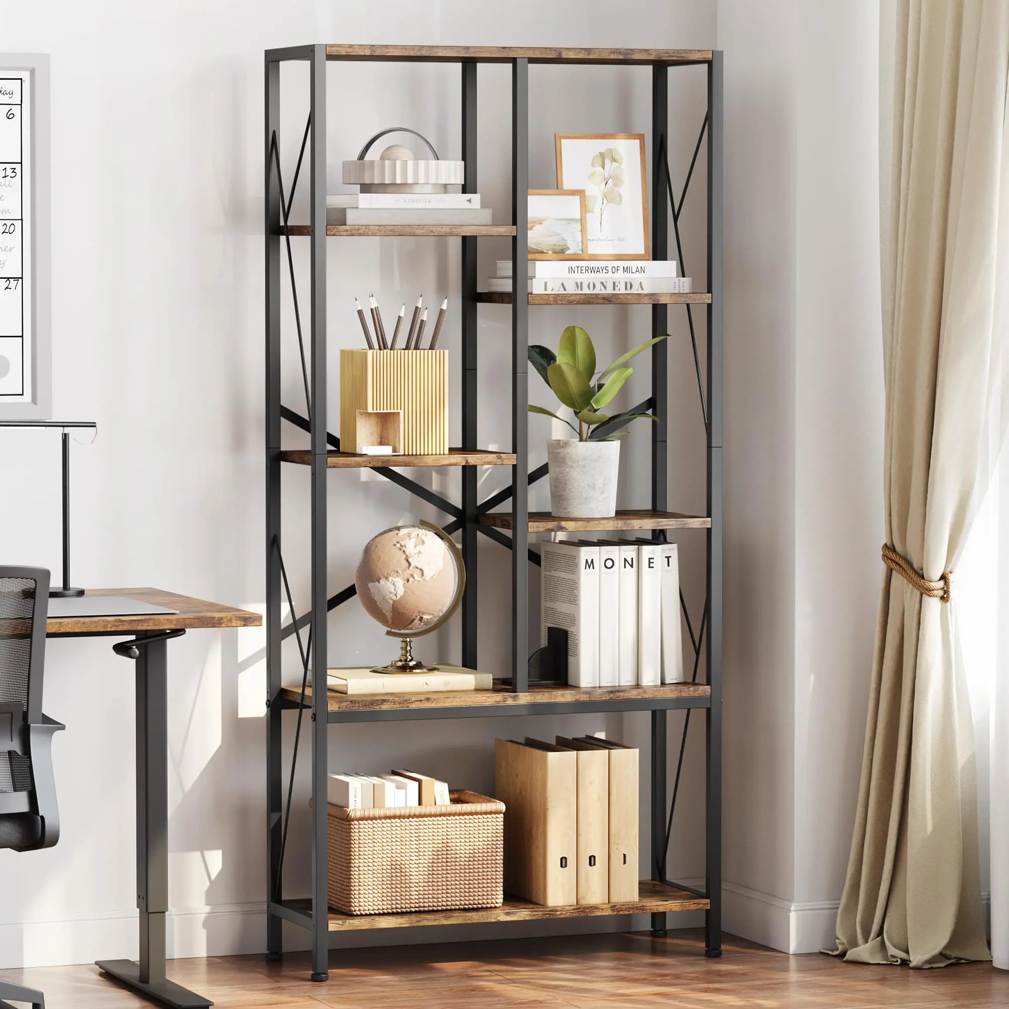 GARVEEBookshelf 5 Tier Bookcase: Industrial Storage Shelf with Metal Frame and Open Shelves, Rustic Brown Finish for Living Room or Bedroom Display