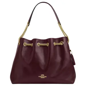 COACH Evelyn 34 Gold-Tone Buckle Leather Tote Bag for Women, Large Size, Burgundy