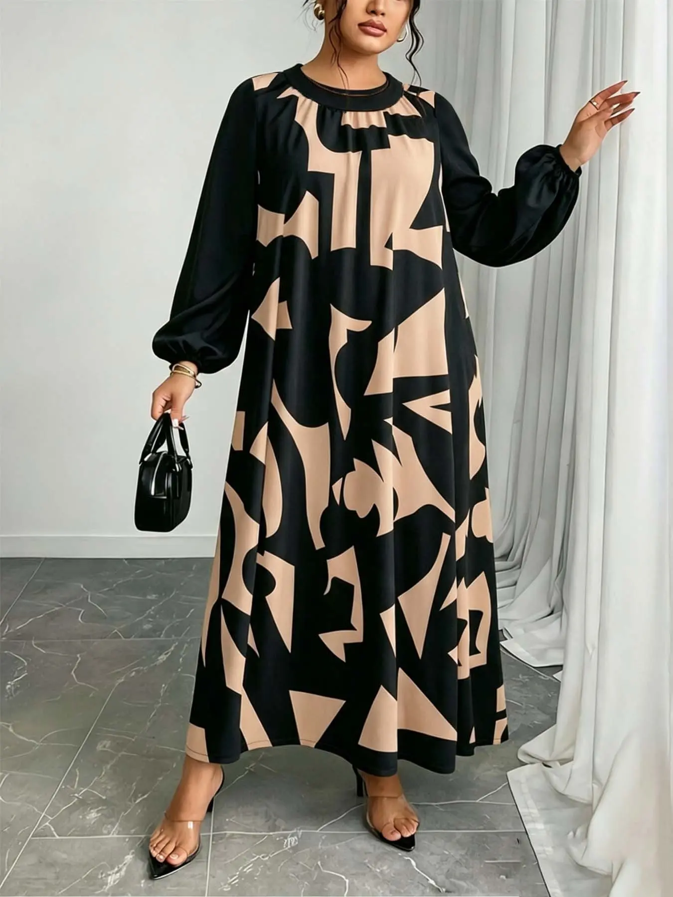 Plus Size Geometric Patchwork Long Sleeve Dress, Vintage Luxe Lazy Style, Round Neck Lantern Sleeve, A-Line over Knee Dress, 1xl-5xl