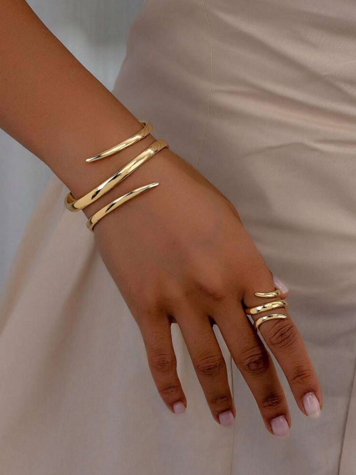 Women's Elegant Sleek Geometric Design Wrap Bangle & Ring, Exquisite Trendy Ring & Bangle, Fashionable Jewelry Set for Gifting