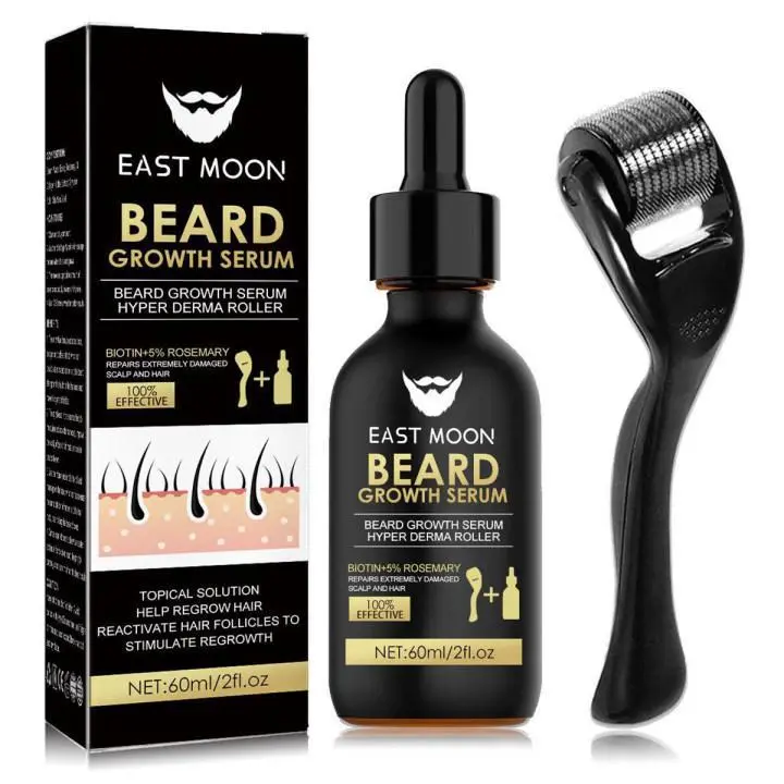 Men's Beard Growth Kit with Derma Roller & 60ml Organic Liquid Serum, Daily Hair Care Oil That Stimulates Fuller, Thicker Growth & Fills Patchy Spots to Boost Confidence, Dads, Rosemary Oil, Facial Hair Growth