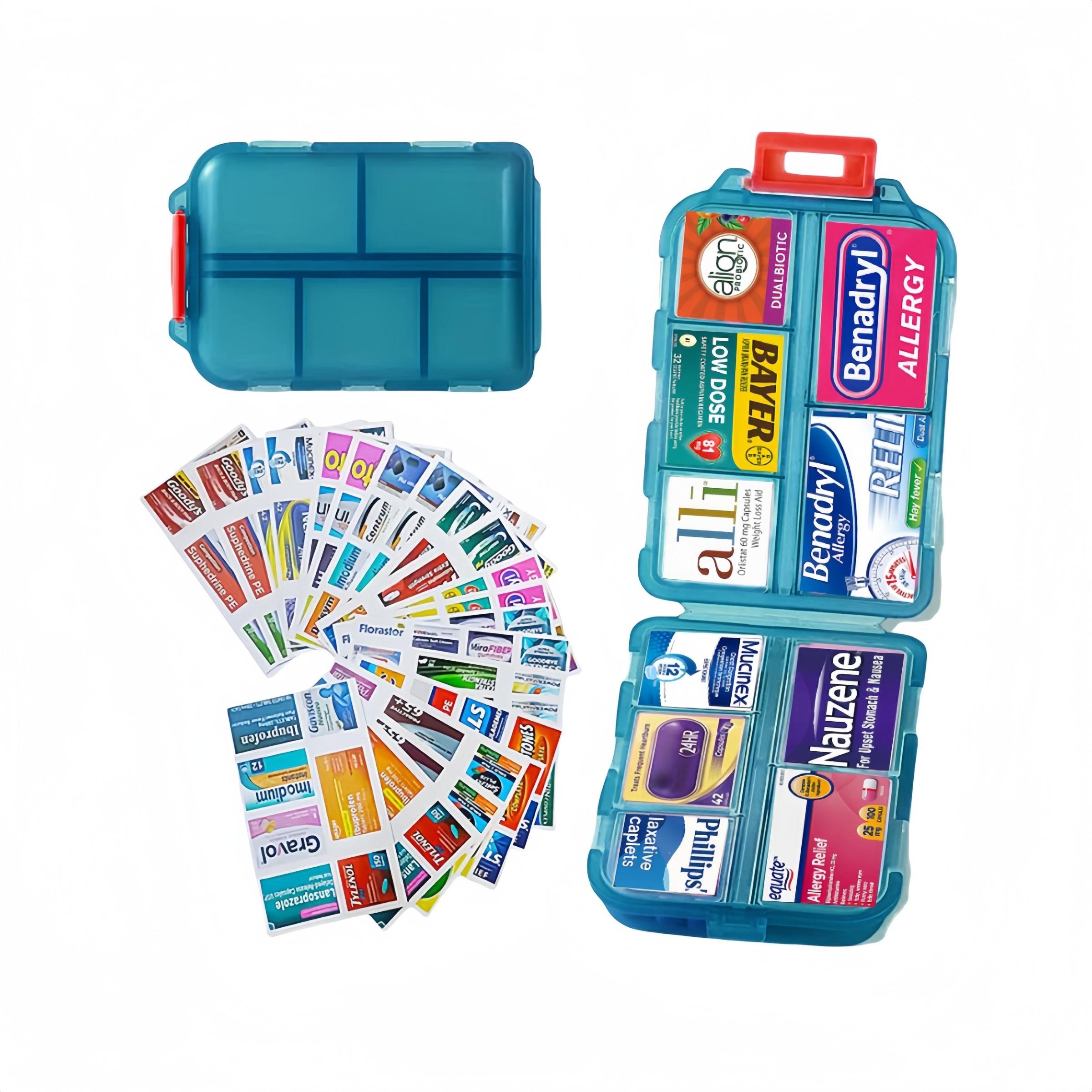 Empty Pill Box with 147pcs Sticker, 1 Box Waterproof Dustproof Pill Storage Box with Label, Portable Travel Pill Organizer, Sealed Box for Earrings Necklaces Lipstick