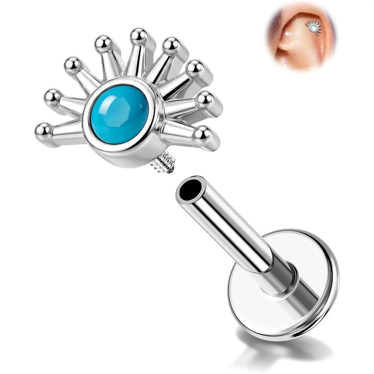 18G Sun  Flat  Tragus Earring Internally Threaded, 316L Stainless Steel Cartilage Helix  Blue Turquoise Lip Stud 6 mm Lobe Earring for Women
