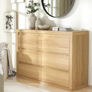 Mid-Century Modern 6-Drawer Dresser - 47" Wide Wood Bedroom Chest with Curved Profile, Thick Tabletop & Natural Texture for Bedroom, Living Room