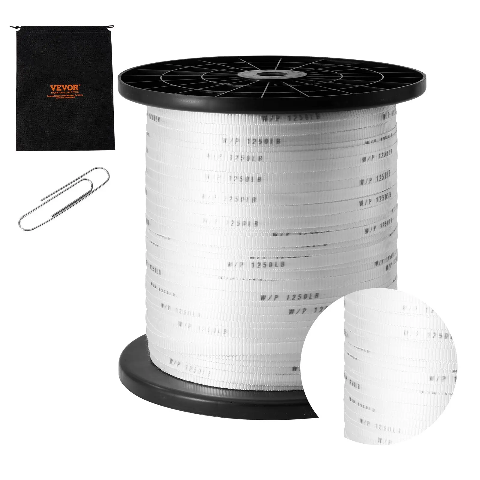 VEVOR Polyester Pull Tape, 1/2" x 1053' Mule Tape Flat Rope, with a Tensile Capacity of 1250 lbf, Printed Webbing Cable Pulling Tape for Packaging, Gardening, Commercial Electrical, Conduit Work, White