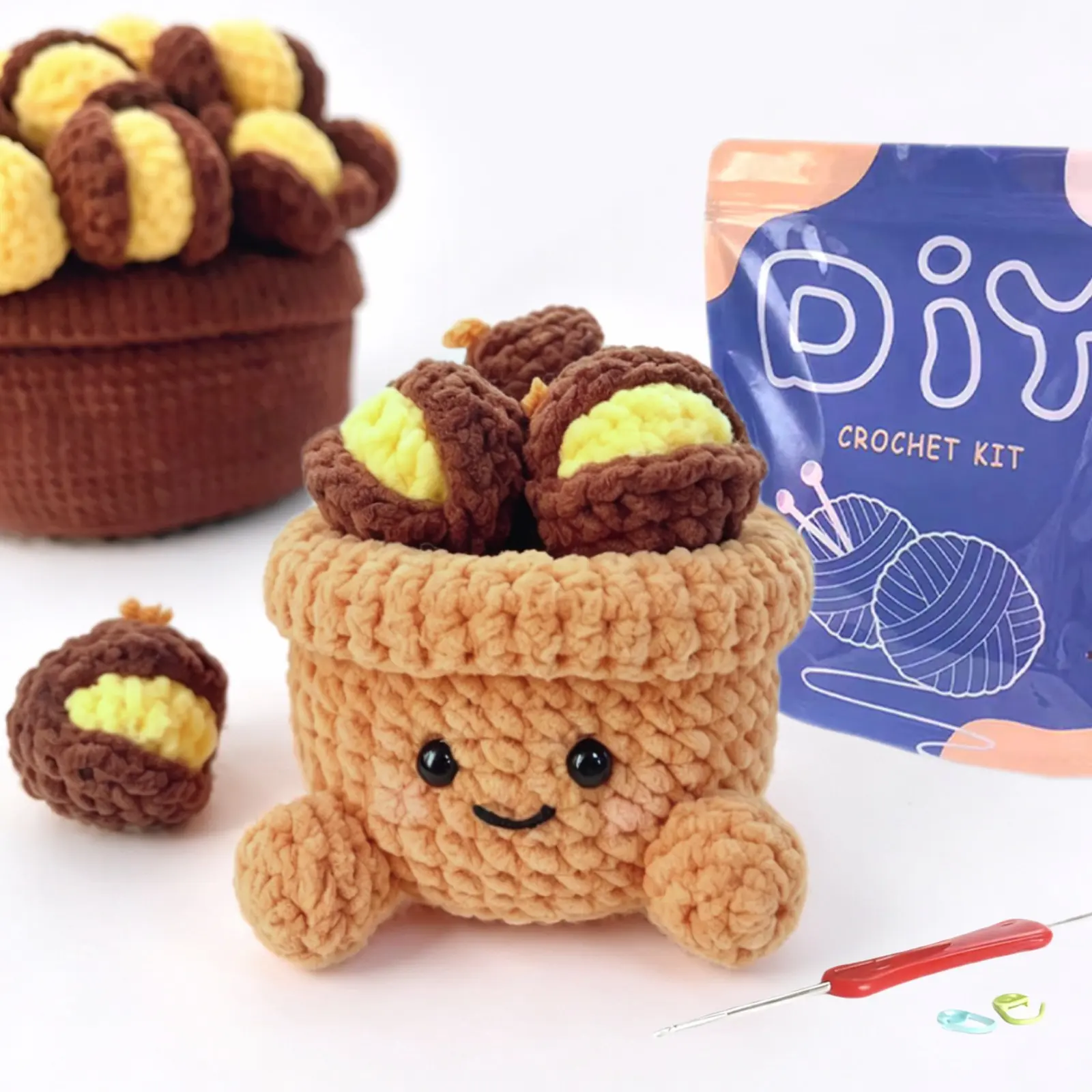 Yamaxin DIY Crochet Kit for Beginners, Chestnut Planter Shape, Includes Tutorial Video, Random Accessory Colors, Craft Supplies