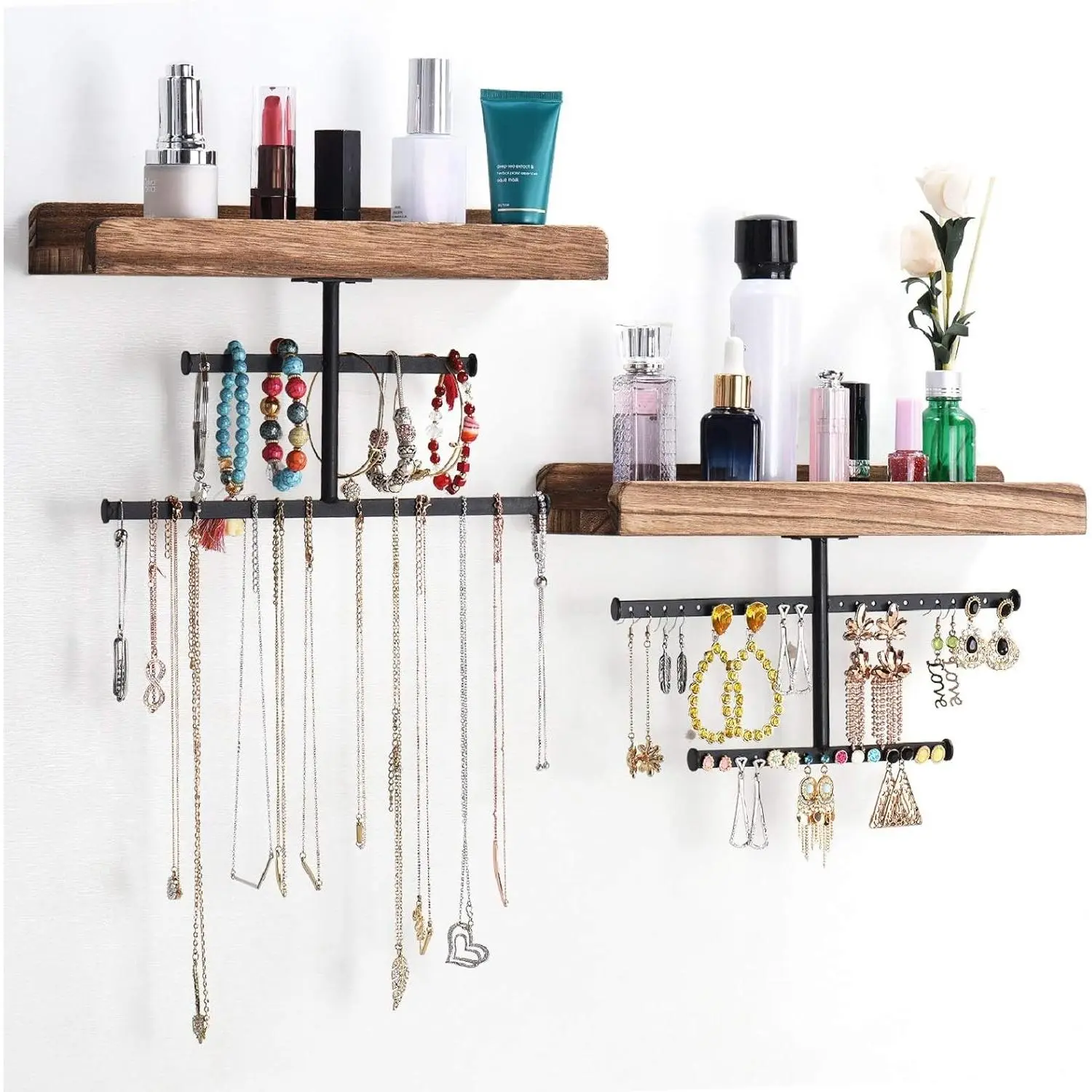 [Patented] 2-Pack Carbonized Black Hanging Wooden Jewelry Organizer - Wall-Mounted Shelf Hanger for Necklaces, Bracelets, Earrings, Rings with Rustic Decor & Easy Installation, Room Decor
