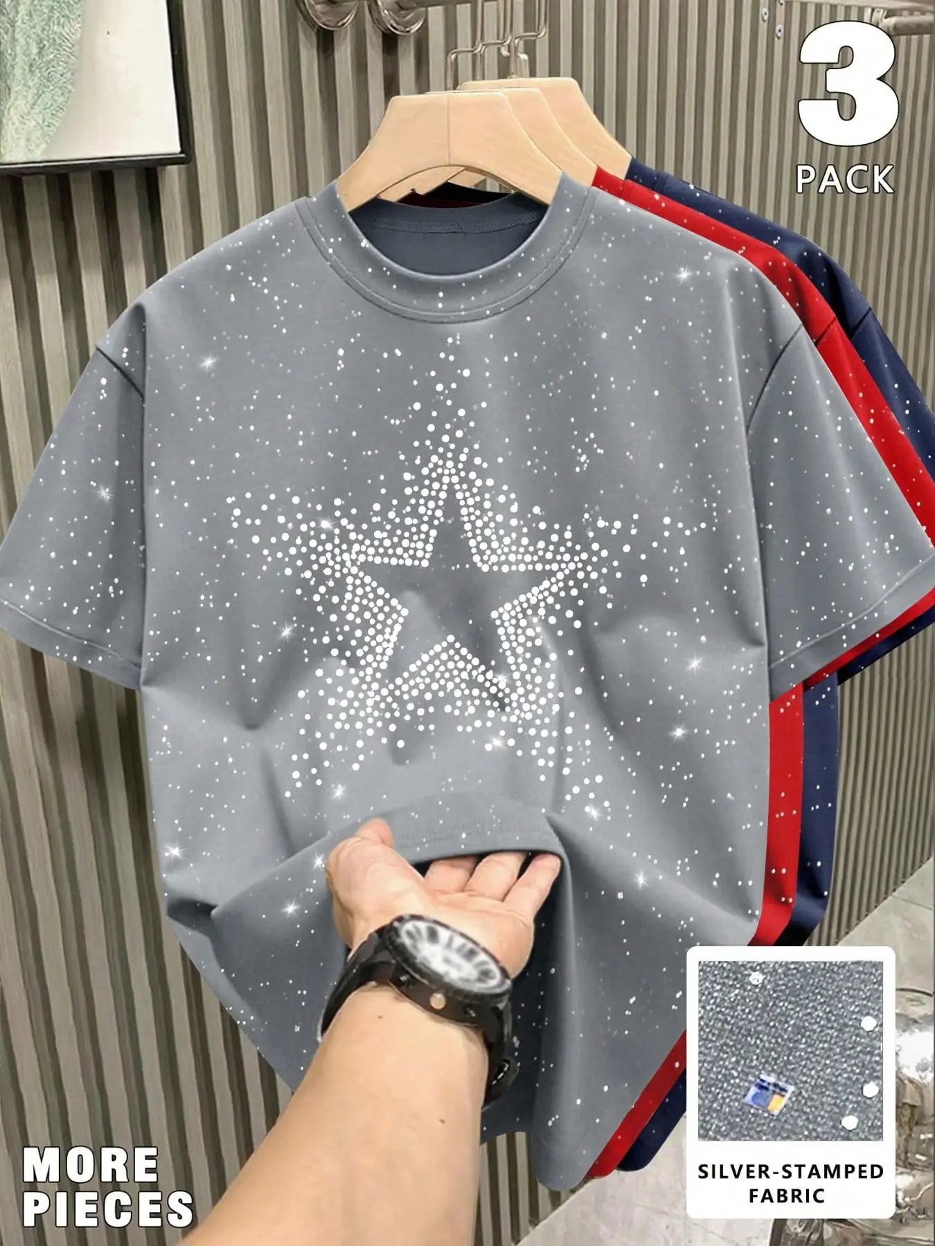 3-Pack American Men's Round Neck Short Sleeve T-Shirts, Fashion Starry Reflective Design, Essential Outdoor Wear, High Value