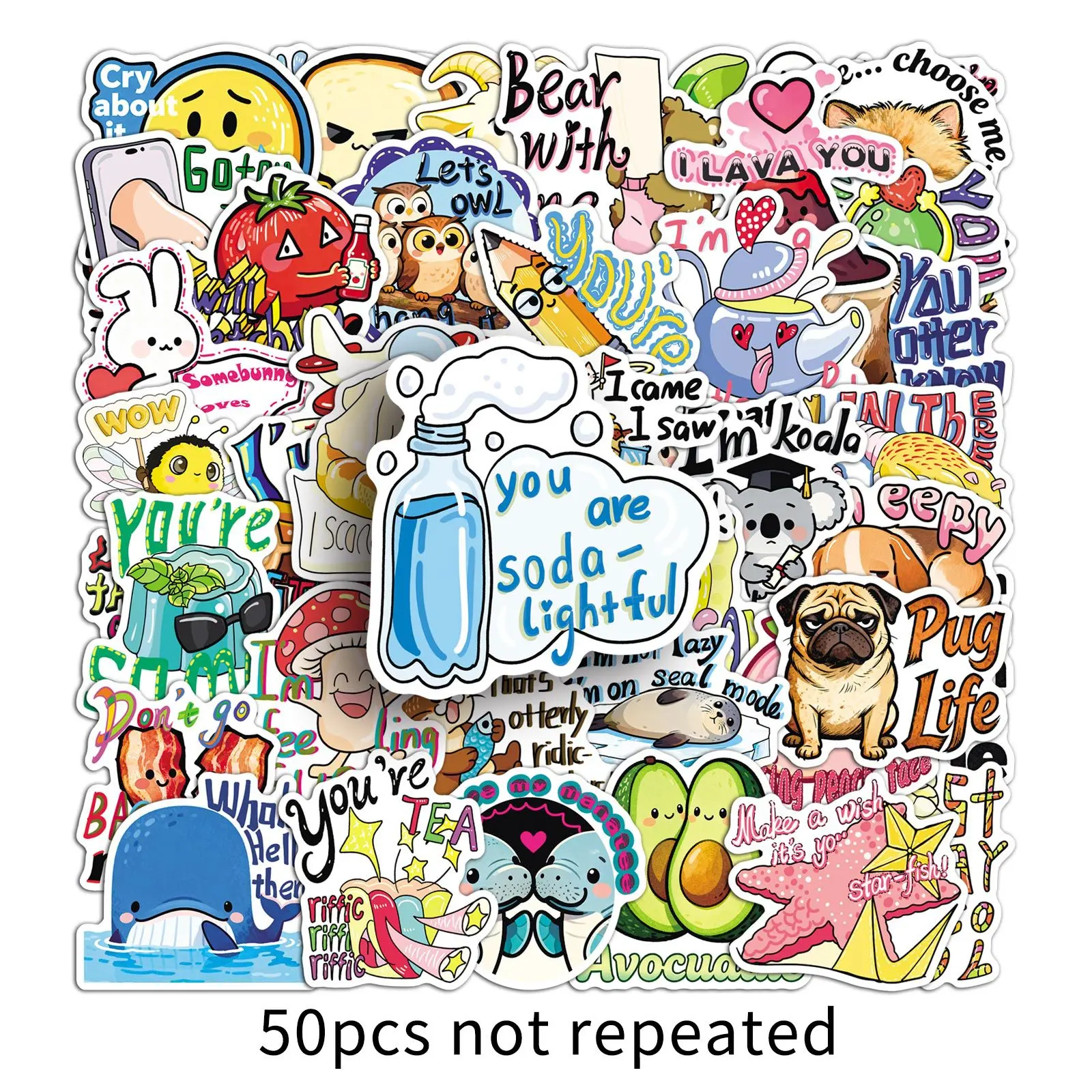 50pcs Pun slogan sticker,Funny Sticker, Decorative Sticker for Water Bottle Laptop Phone Case Scrapbooking Luggage box Hats Kindle Journal decals
