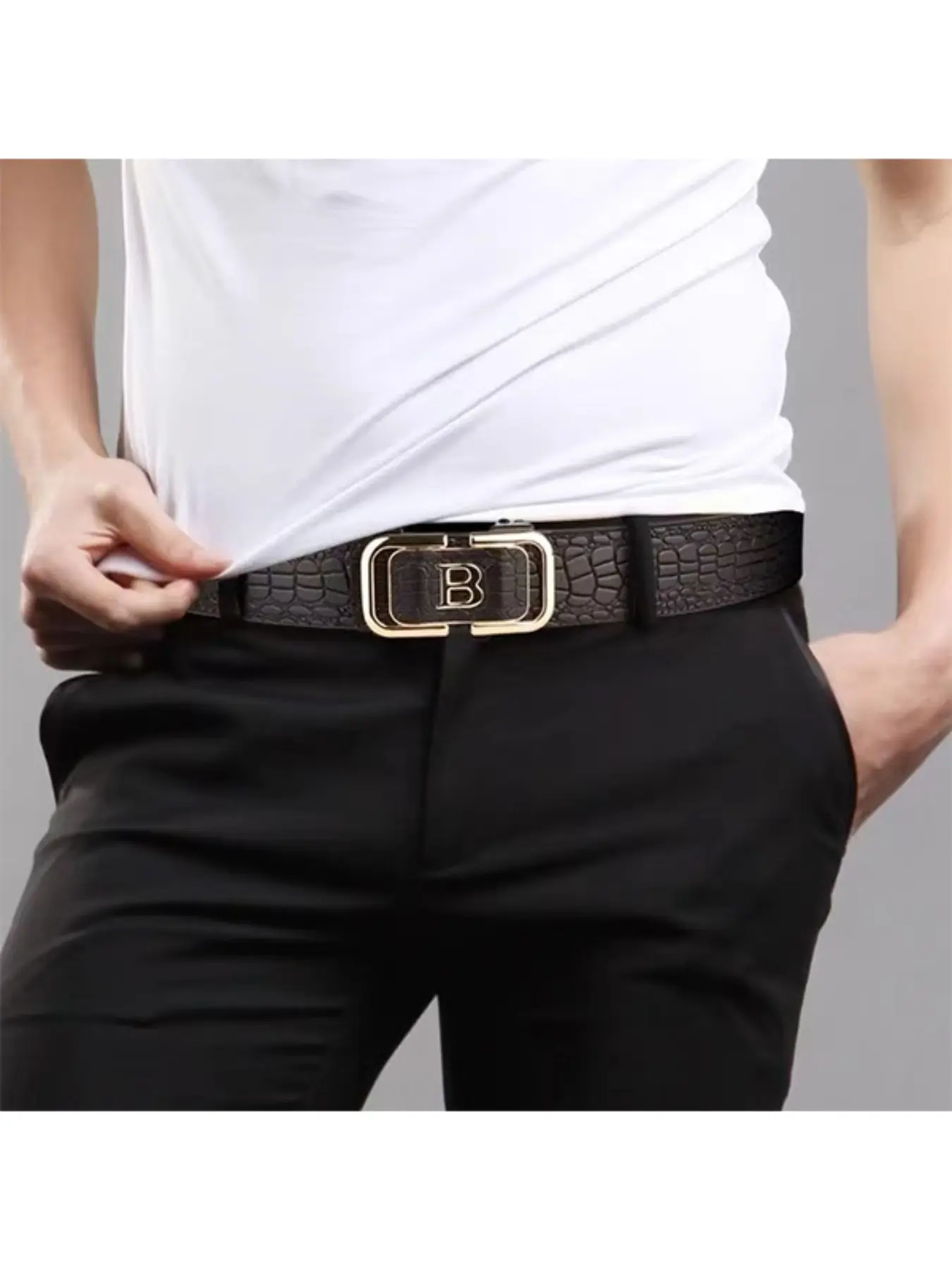 Men's B Letter Automatic Buckle Business Casual Belt, Crocodile Pattern, Two Color Options, Suitable for Any Occasion, Perfect Gift, 1 Piece