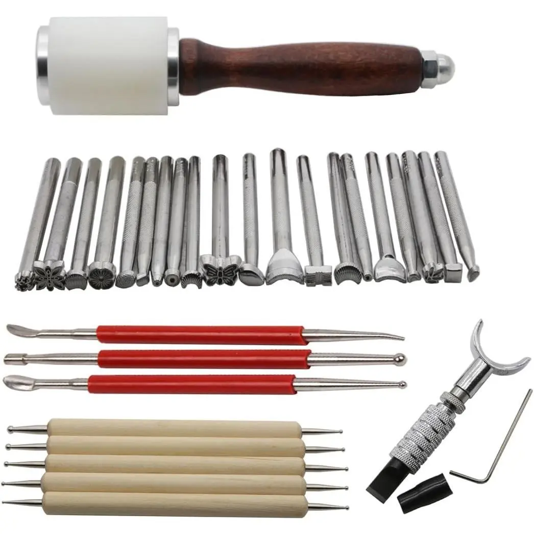20pcs Leather Carving Stamping Saddle Making Tools Set - DIY Leather Craft Working Tools Including Hammer Swivel Modelling Pen & Dual Tipped Modeling Point Pen