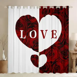 Love Pattern Window,Rose Floral Curtains for Kids Girls Teens Woman Room Decor,Couple Lover Valentine's Day Blackout Window Treatment Red White Patchwork Window Drapes,2 Panels,38Wx54L