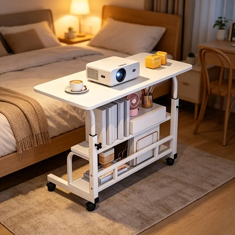 Adjustable Height Mobile Projector Cart, Rolling Side Table with Wheels, Multifunctional Storage Trolley for Home Living Room Sofa Side