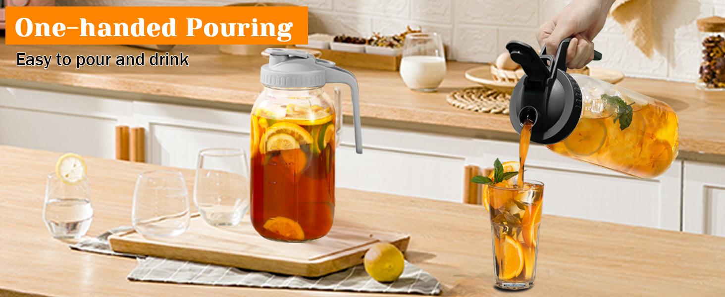2 Pack Glass Pitchers with Lid, 64 oz Sun Tea Pitcher, Half Gallon Mason Jar Pitcher with Wide Mouth Airtight Lid for Ice Tea, Cold Brew Coffee, Fridge Water, Milk, Juices, Leak Proof Water Jug