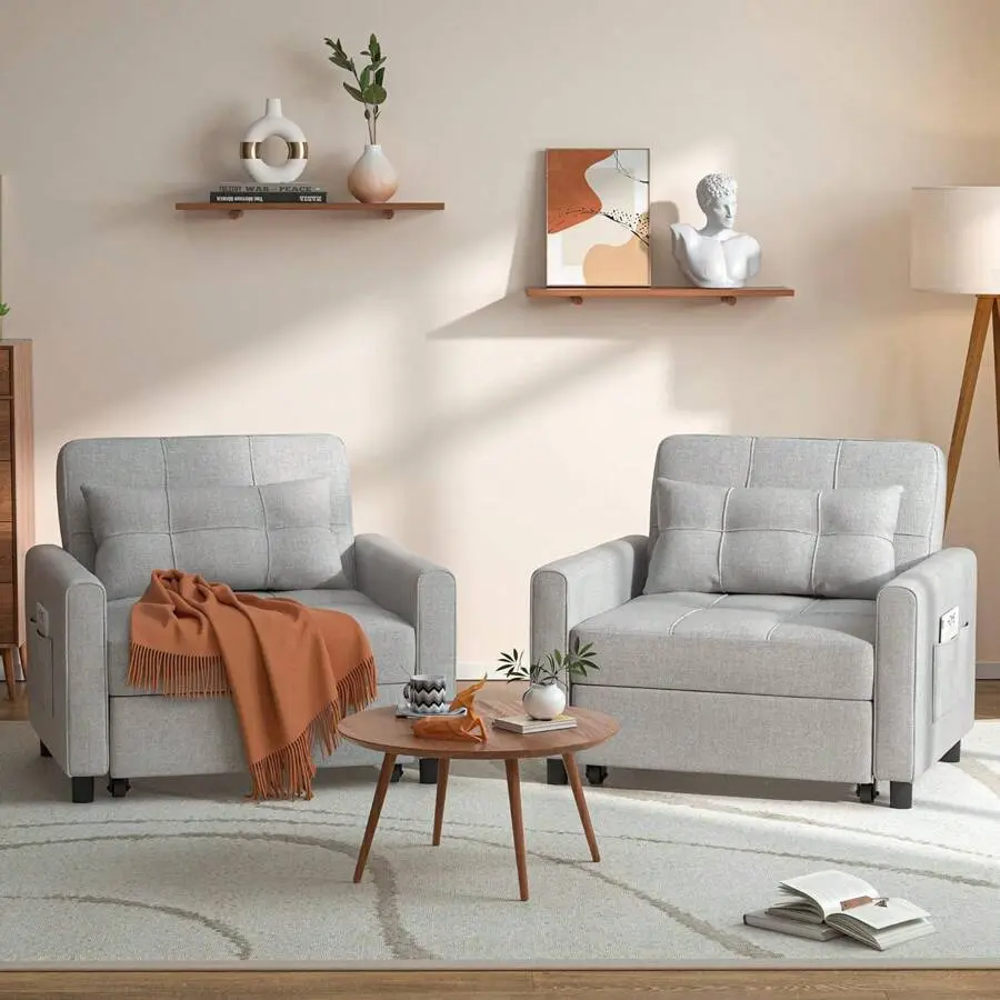 Minimalist 3-in-1 Linen Cover Convertible Sleeper Sofa Chair Bed - Adjustable Backrest Recliner, Sponge Fill, Quick Setup, Assembly Required, Multi-Use Reclining Living Room Furniture for Small Spaces, Bedroom