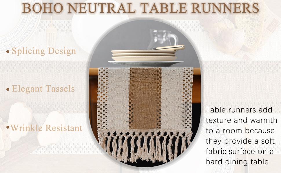 Style Bicolor Stitching,12 x 72 Inch Cream & Brown,Table with Tassels Boho Neutral Table,Farmhouse Rustic for Dining Wedding()