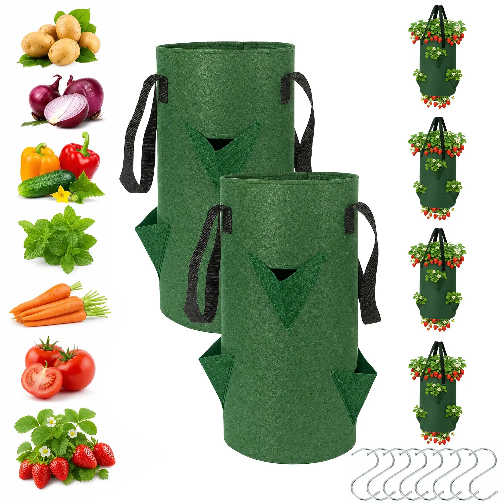 【IdealHouse】Hanging Strawberry Grow Bags With 6 Planting Pockets, Non‑Woven Fabric Planter Pots With Hooks For Tomato Vegetable Fruit Home Balcony Garden Planting