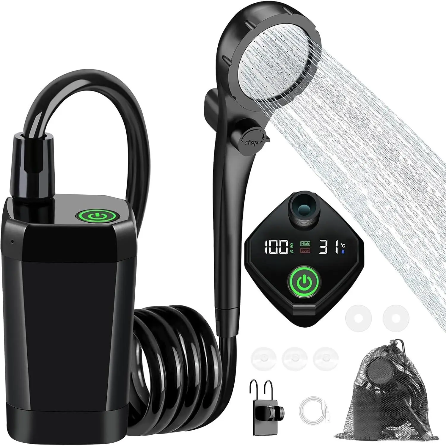 Portable Camping Shower - 6000mAh Rechargeable Outdoor Shower with LED Display - IPX7 Waterproof Camping Shower Kit for Hiking, Travel, Car Washing, RV, Pet Bath