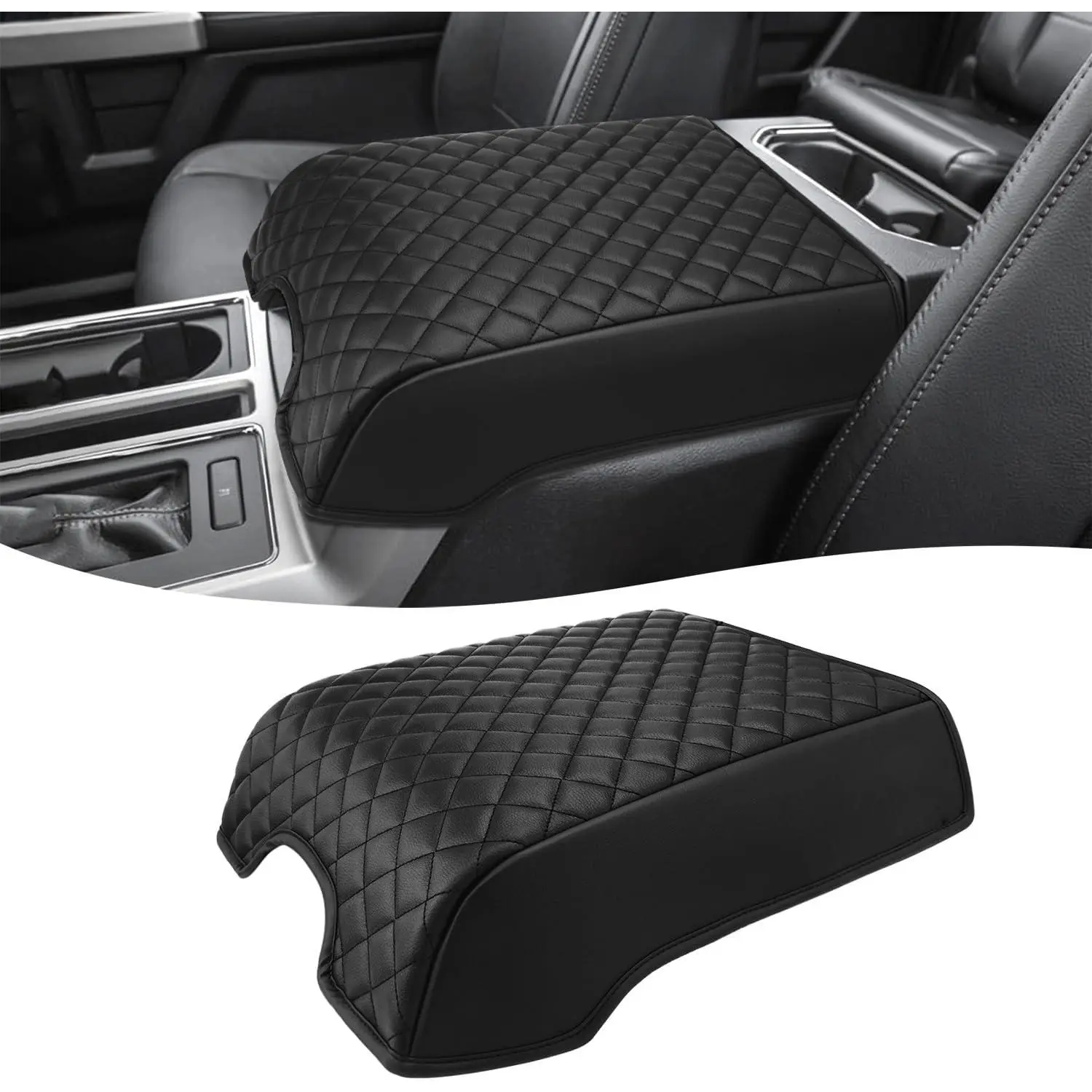 KBH Center Console Armrest Cover for 2015-2020 Ford F150, 2017-2022 F250 F350 F450 F550, 2018-2024 Expedition, Bucket Seat, PU Leather Cushion Thick Pad, Anti-Scratch, Black (Not for Other Years)