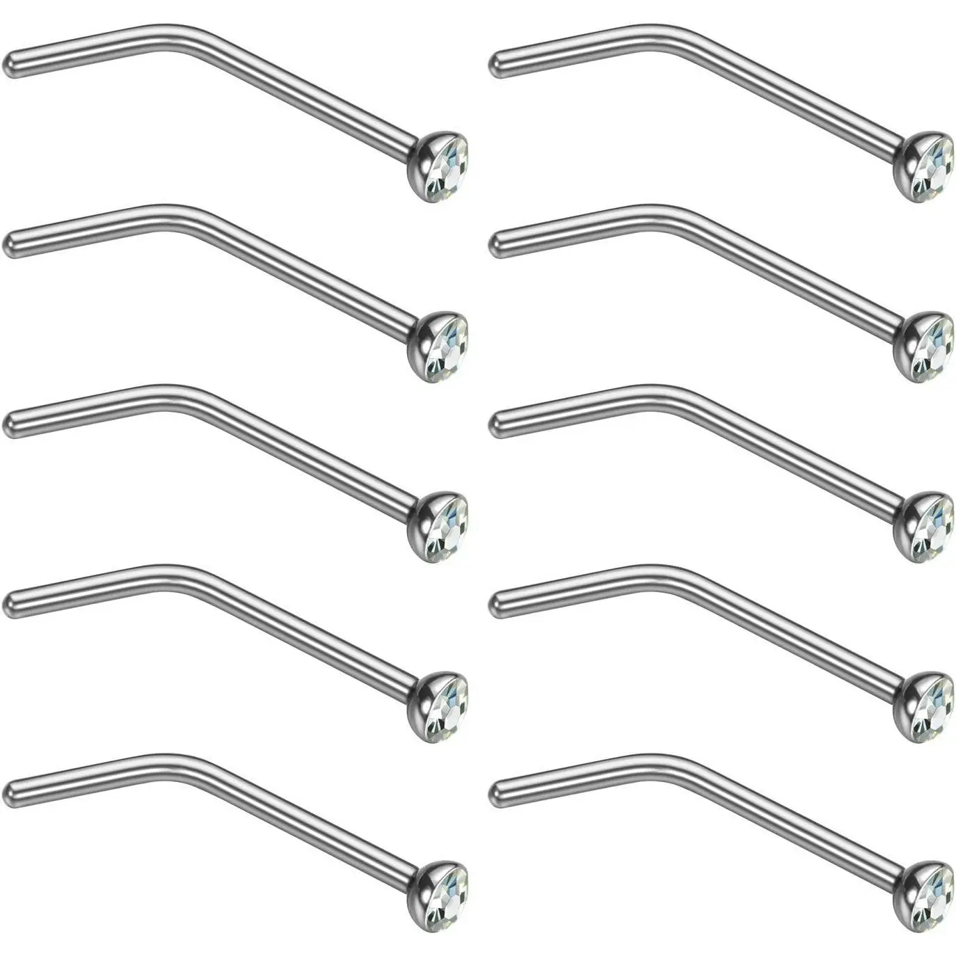 Small Nose Studs Stainless Steel Curved Nose Stud Bend L Shape Nose Ring Screw     Studs for Women Men  20G (10pcs,Clear CZ, L-shape,1.8mm)
