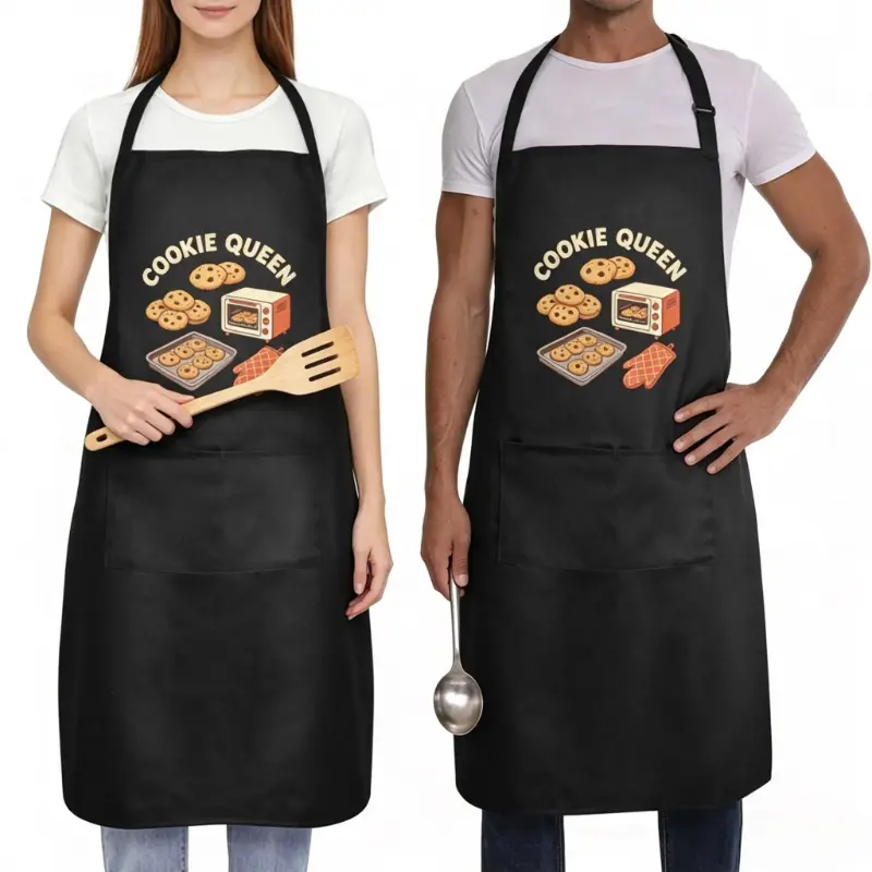2 Pack Cookie Queen Baking Graphic Waterproof Aprons For Women Men, Adjustable Apron With Front Pocket, Custom Image Print Available, Cute Pastry Chef Work Apron for Cooking BBQ Painting Housework