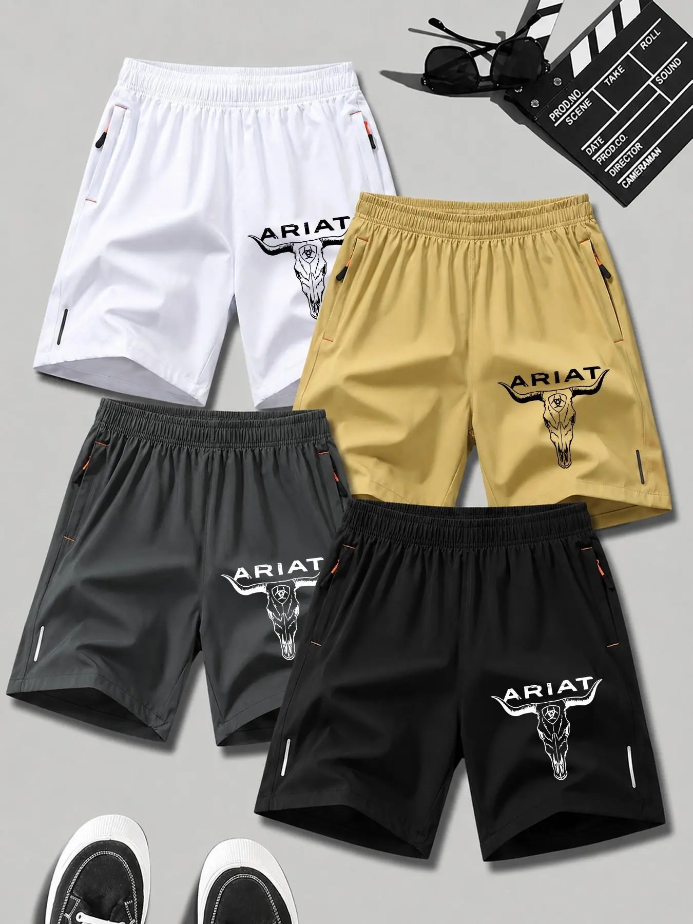 4-Pack Quick-Dry Shorts, Ideal for Gym Training & Summer Outing, Ariat Letter Bull Print, Breathable Fabric, Unisex Fit