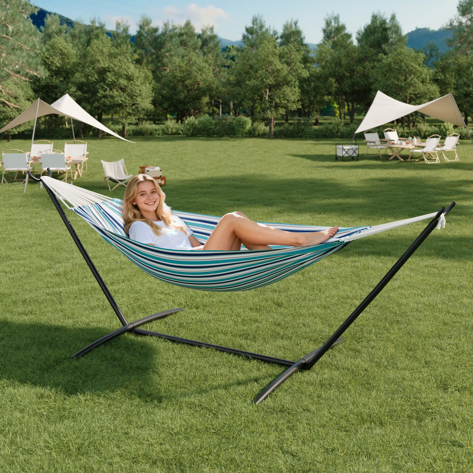 Brazilian Style Double Hammock with Adjustable Heavy Duty Steel Stand – 2 Person, 450lbs Capacity, Weatherproof, Thick Rope, Indoor/Outdoor Swing for Backyard, Porch, Camping – Includes Carrying Bag