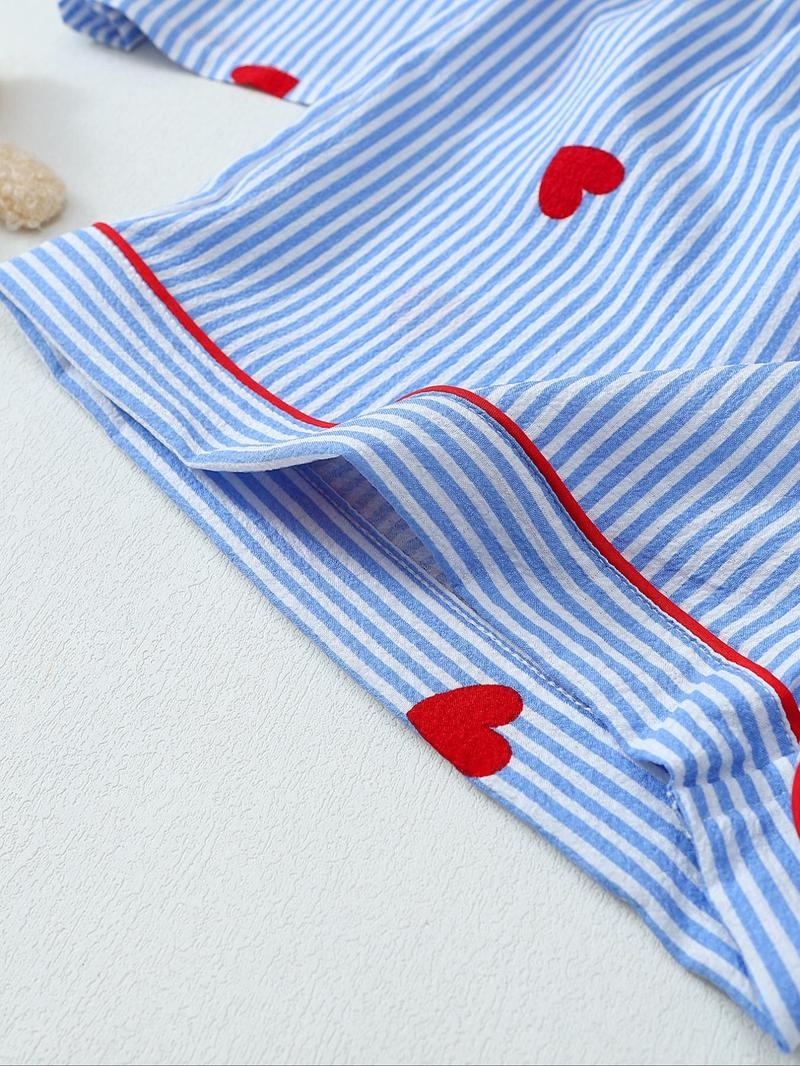 Valentine's Day Spring Summer Romantic Blue Striped Heart Elegant Short Sleeve Shorts Pajama Set for Women, Cute Fitted Homewear