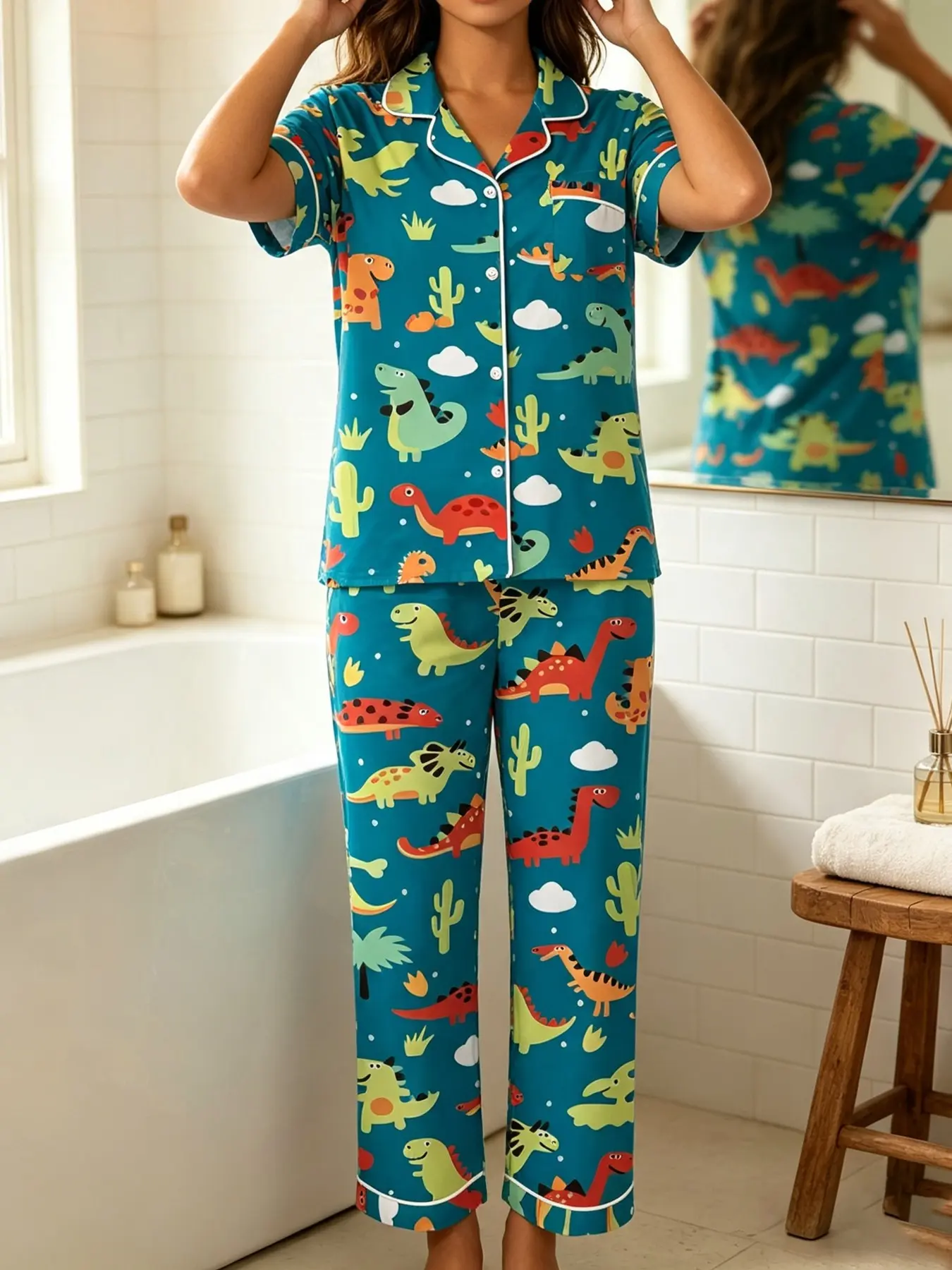 Women's 2-Piece Fall Winter Pajama Set, Short Sleeve Button-Up Shirt and Pants, Casual Home Wear, Cute Cartoon Dinosaur Print