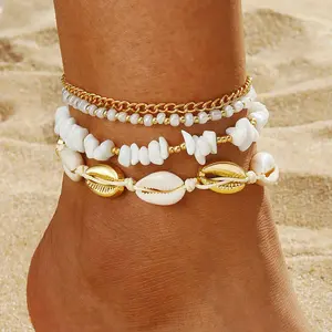 Boho Shell Anklets for Women Natural White Stone Foot Jewelry, Summer Beach Cowrie Shell Ankle Bracelet, Handmade Layered Bead Foot Chain, Holiday Sandals Gift