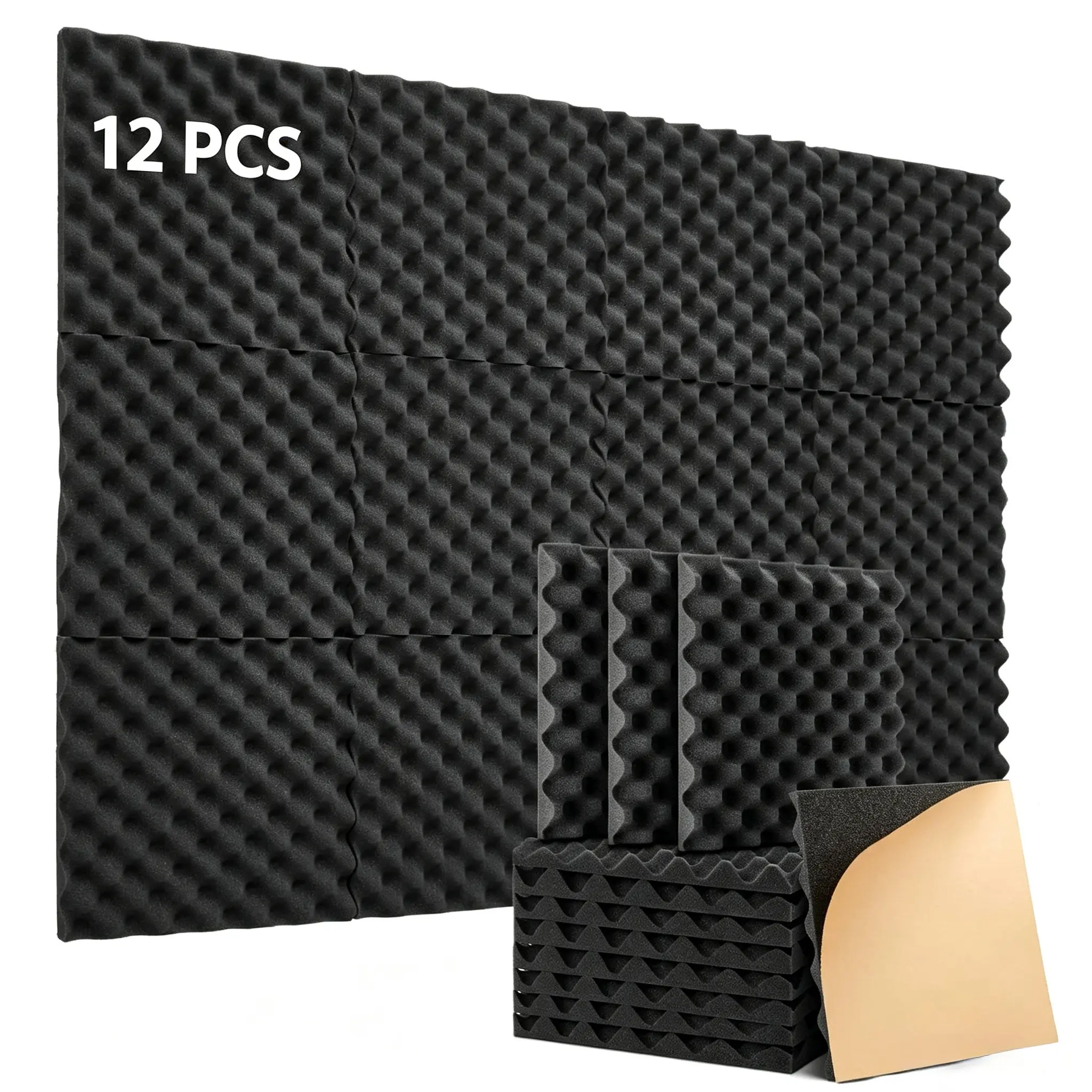 Upgrade high-density self-adhesive sound-absorbing cotton 12 piece package 30 × 30 × 3cm black eggshell sound-absorbing foam, recording room, vocal music room, office, E-sports room, home theater, wall decoration, sound-absorbing wallboard