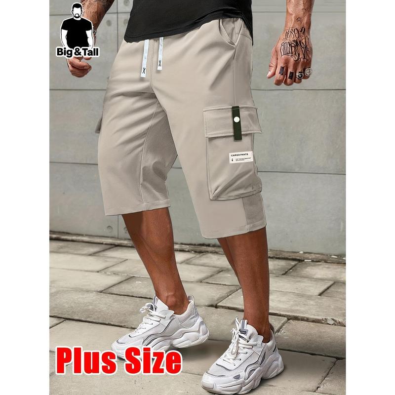 Male Large-Size Nylon Summer Work Pants - Calf Length, Loose-Fit Outdoor Trousers with Drawstring, Letters Patch, Pocket for Construction Workers (2XL,3XL,4XL,5XL)