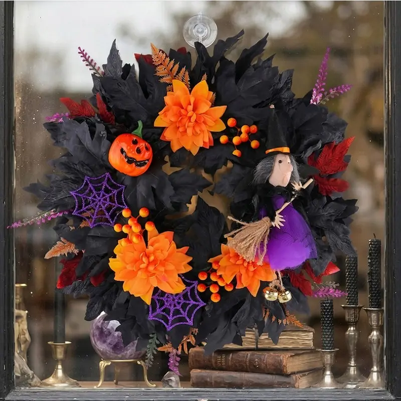 Halloween Witch Pumpkin Wreath, Dark Style Maple Leaf Door Hanging, Blood Stain Skeleton Rose Berry Decor, Haunted House Door Ornament