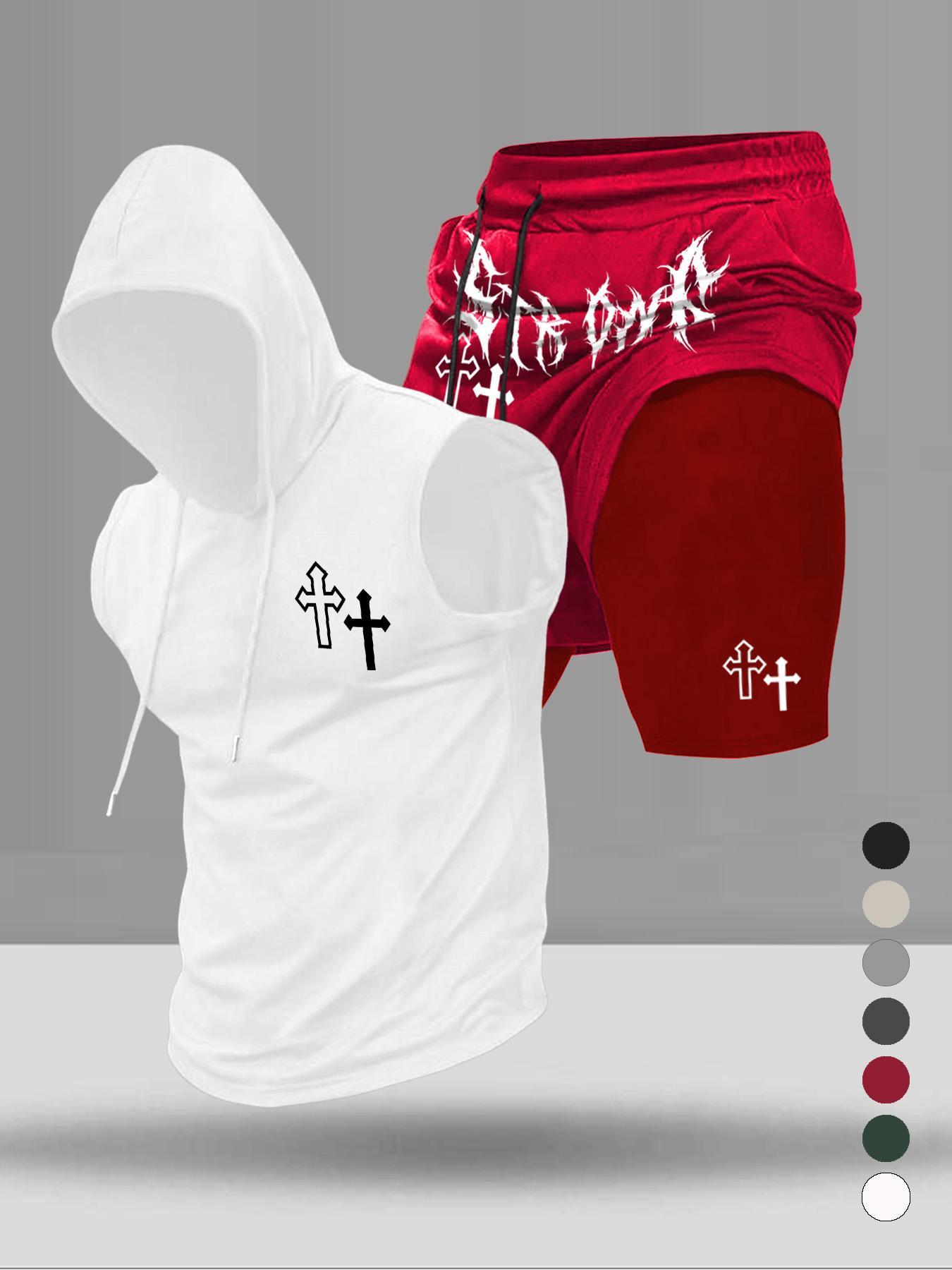 Men's Graphic Print Two-Piece Set, Stylish Hooded Sleeveless Vest and Drawstring Pocket Shorts, Summer Casual Wear for Sports and Daily Use