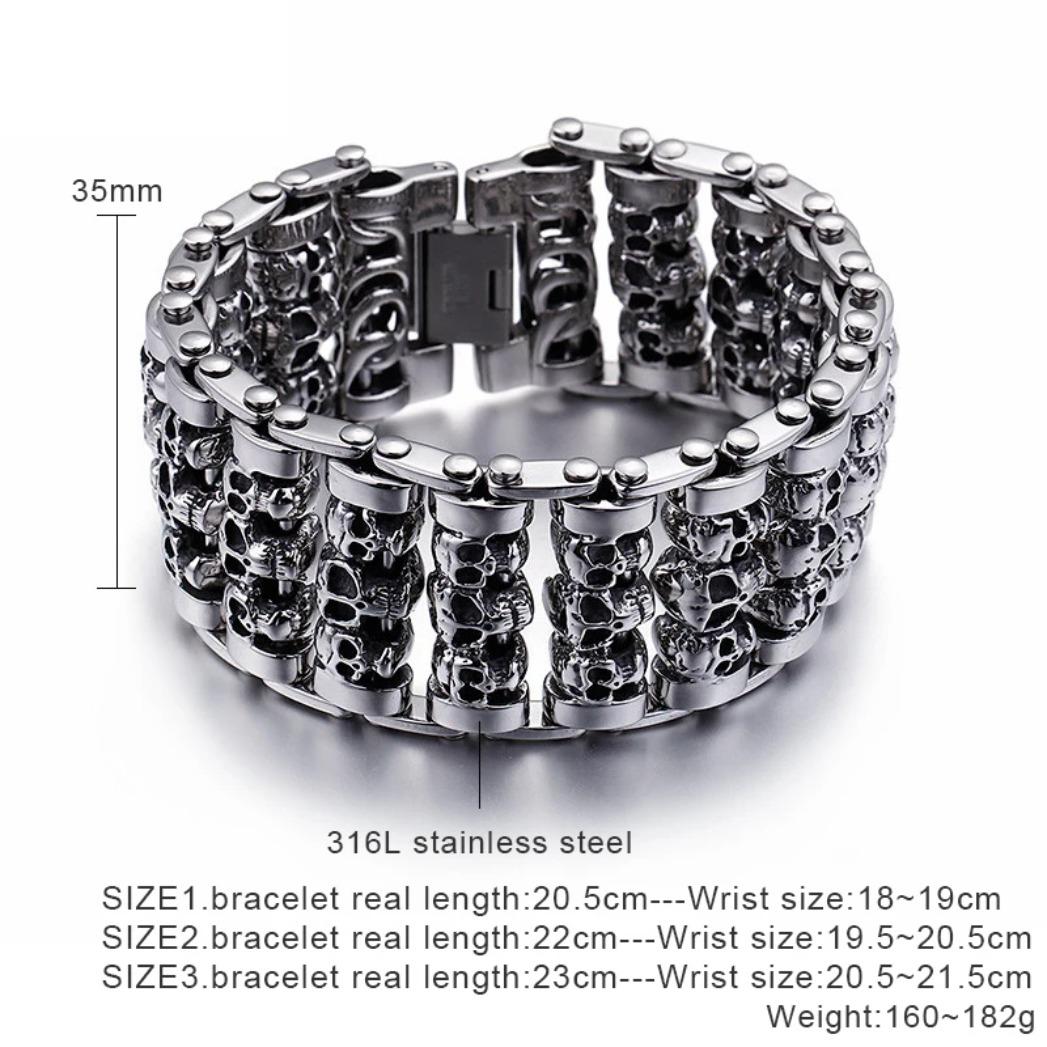 Punk 316L Stainless Steel Multiple Skull Heads Charm Bracelet for Men, Biker Hand Chain, Gothic Heavy Metal Jewelry,