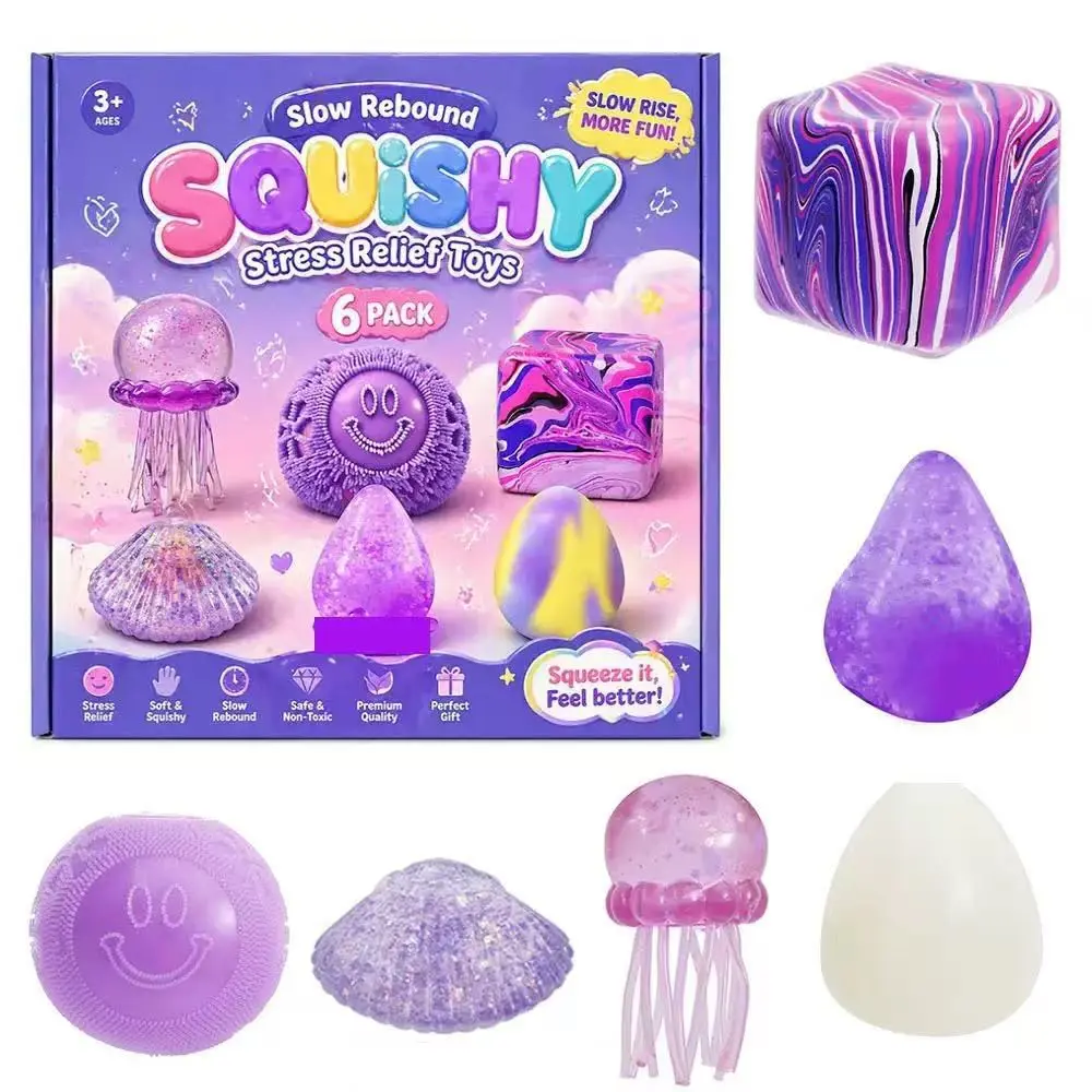 Squishy Set 6 Pieces, Jellyfish Shell Octopus Malt Slow Rebound Stress Relief Gift Box, Unique Squishies Collection
