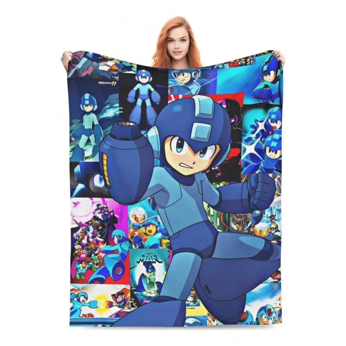 Mega Man Flannel Blanket - Video game and cartoon style, designed for gamers and Mega Man fans, suitable for living rooms, bedrooms, beds, sofas and picnics, soft and comfortable, machine washable, unisex.