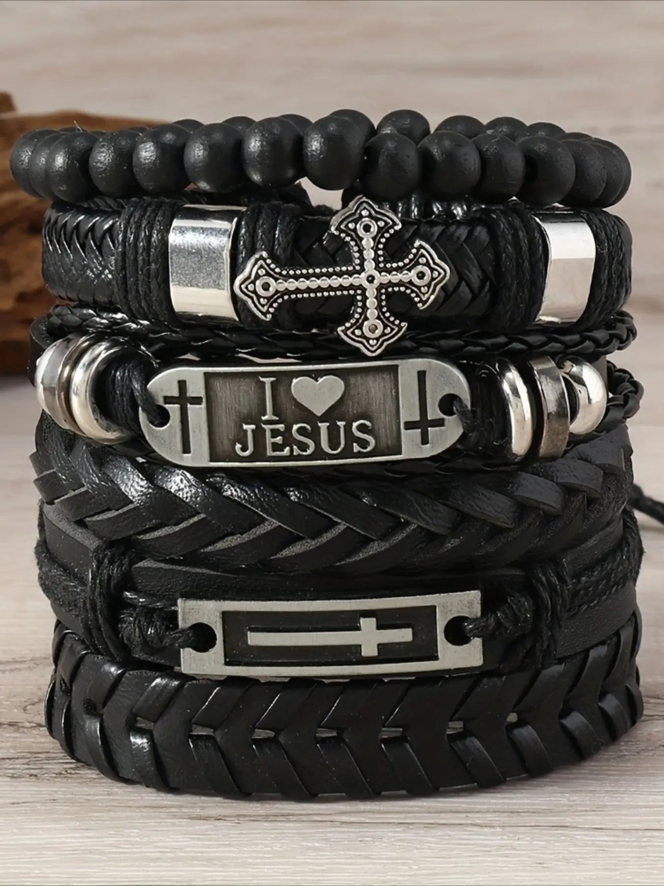 Vintage Leather Cross Bracelet Set I Love Jesus Woven Braided Black Leather Bracelets Religious Jewelry for Men