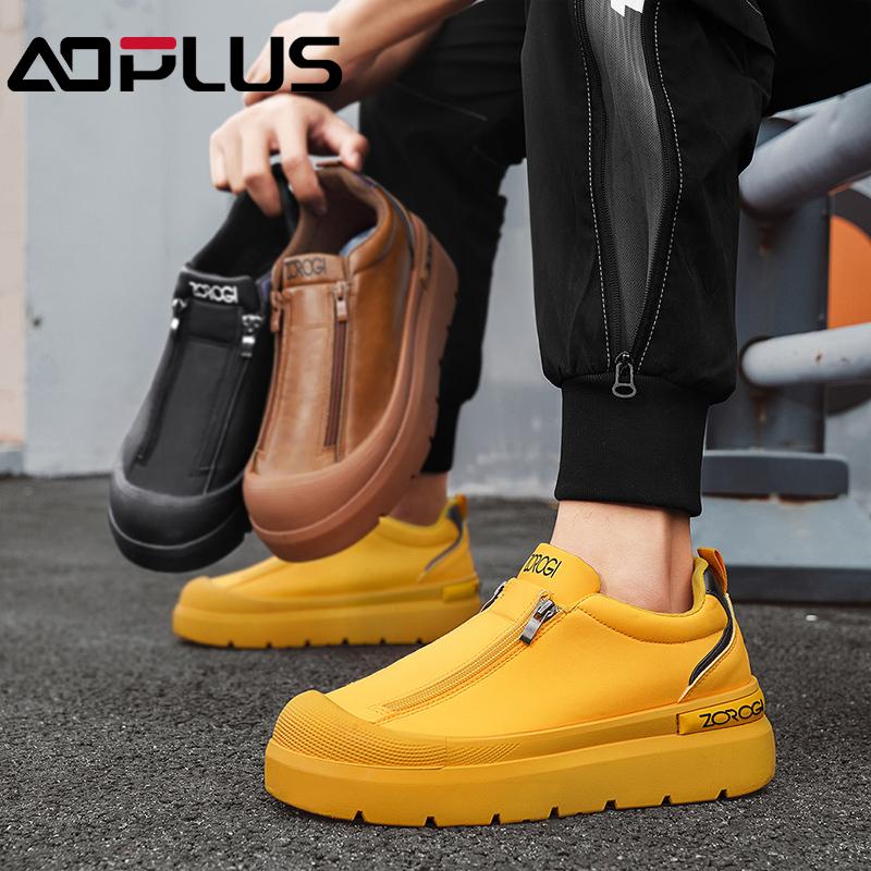 AOPLUS Men's Slip-On Sneakers – Stylish Black Zipper Shoes with Platform Sole