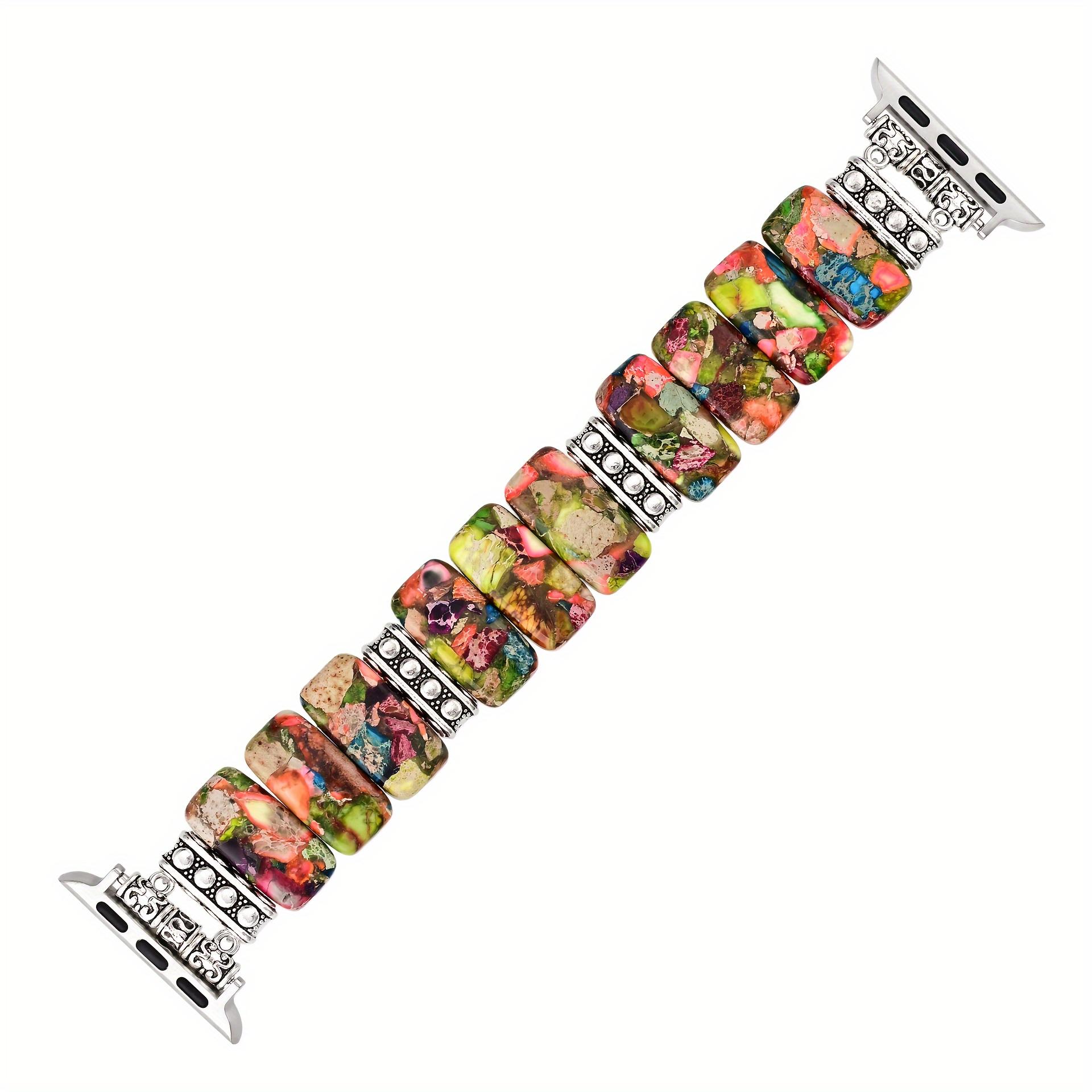 Colorful Natural Stone Beaded Apple Watch Band, Handmade Elastic Stretch Strap Compatible with iWatch Series 9/8/7/6/5/4/3/2/1 38mm-49mm, Cute Feminine Watch Band for Women