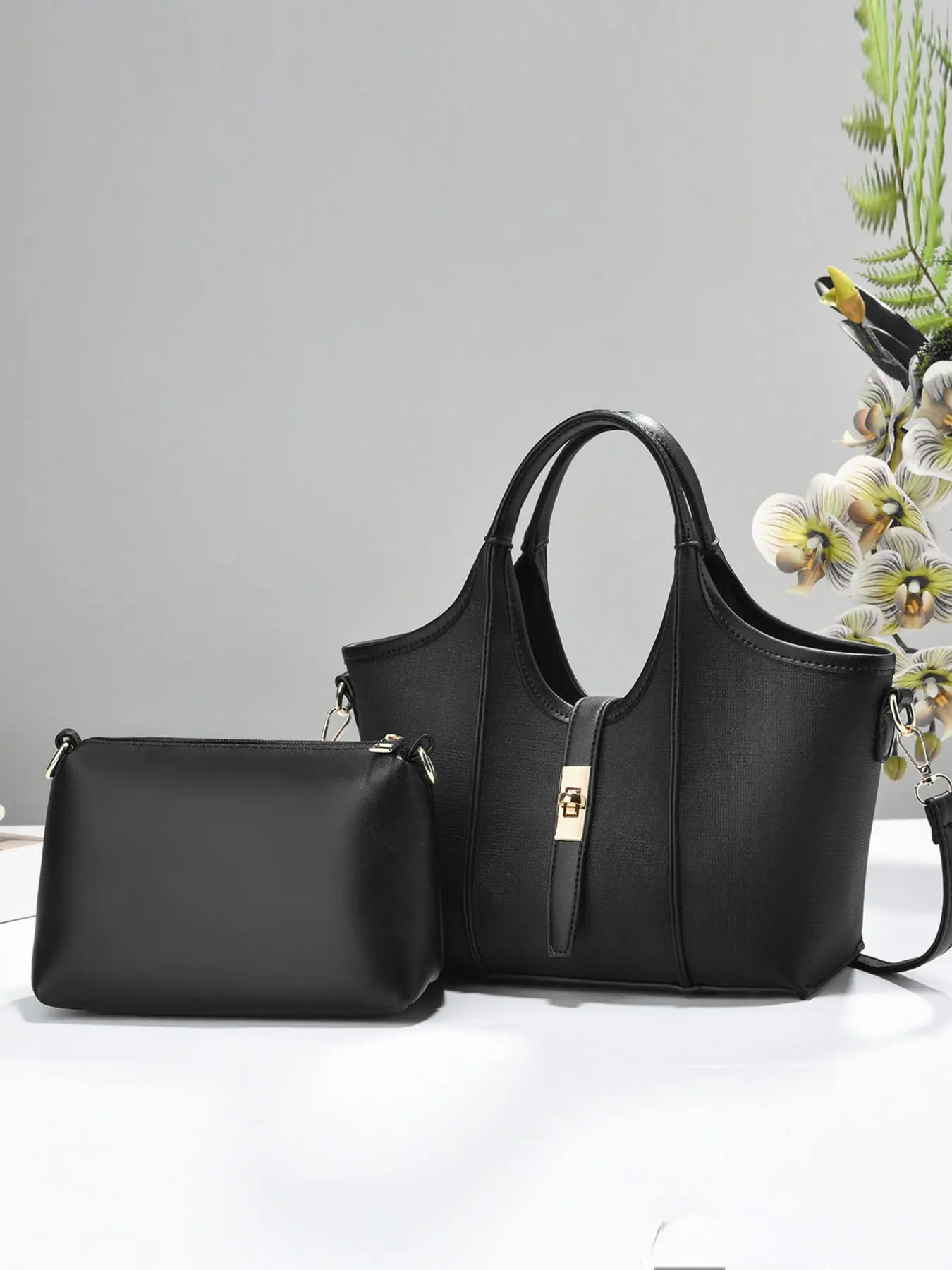 2 Piece Colorful Square Handbag Set, Large Capacity Faux Leather Bag with Small Pouch, Detachable Crossbody Strap, Elegant Commuter Shoulder Bag for Women