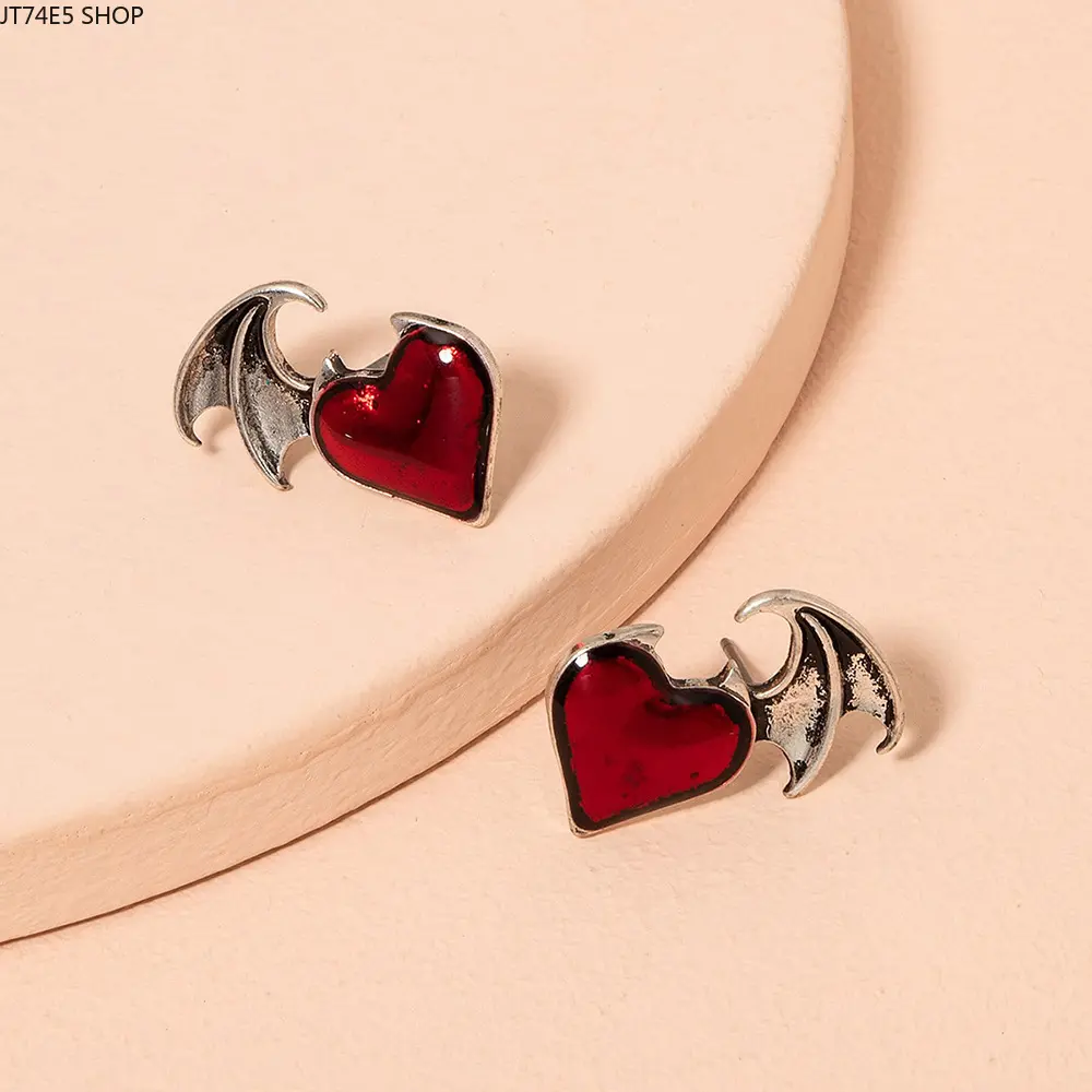 New Fashion Devil Wings Heart Stud Earrings, Punk Geometric Tiny Love Ear Jewelry for Women